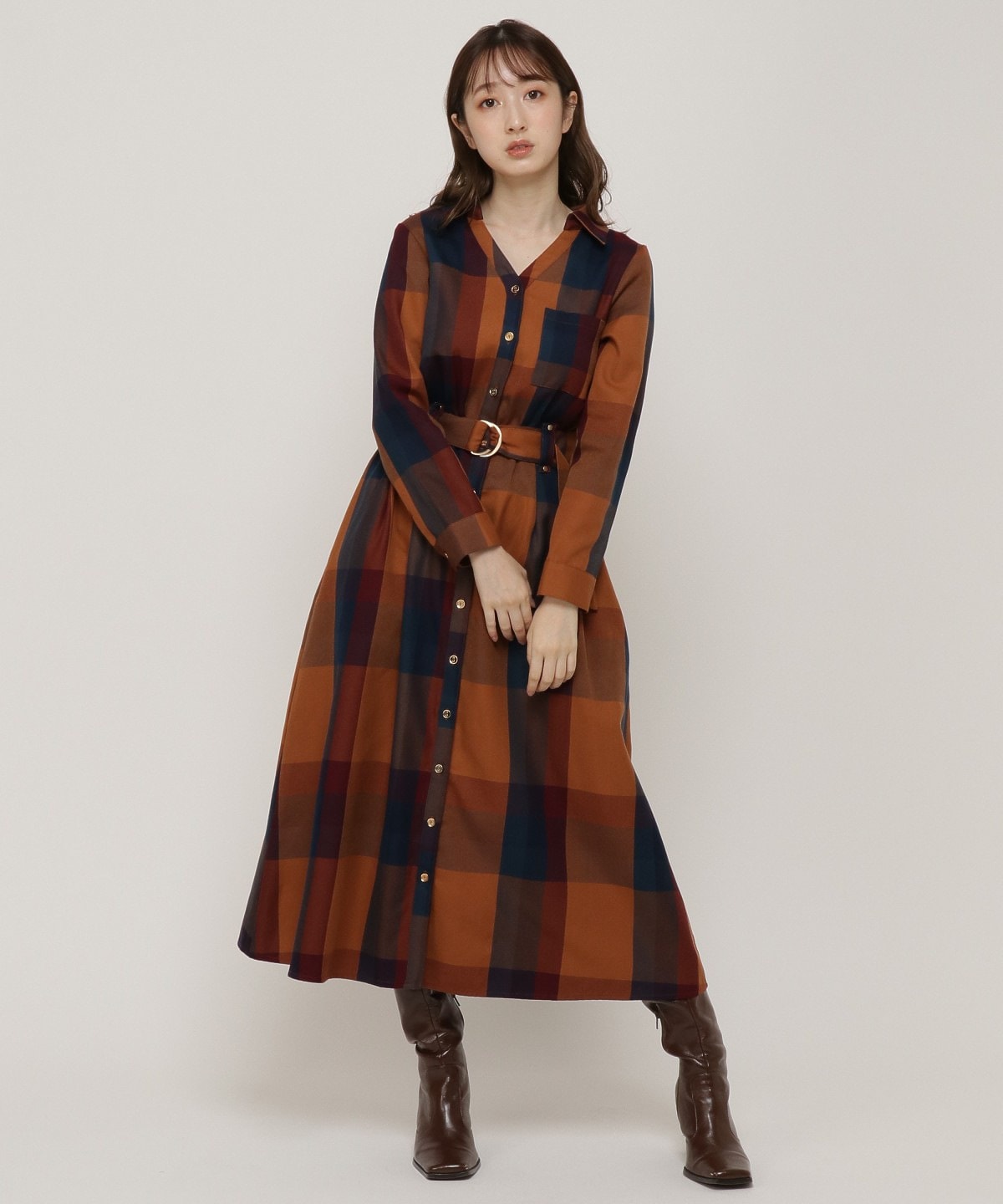 オリジナルレトロチェック長袖ワンピース S オレンジ Redyazel 公式オンラインショップ バーンデストローズ