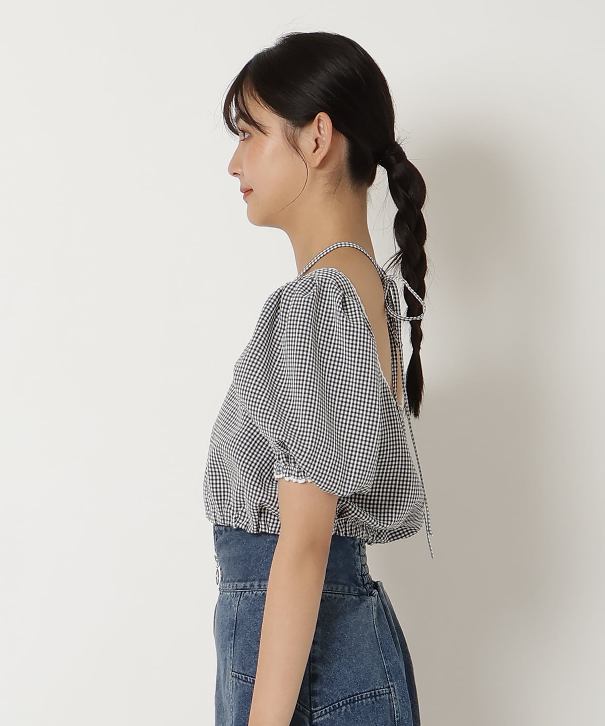 ギンガムチェックパフスリーブブラウス