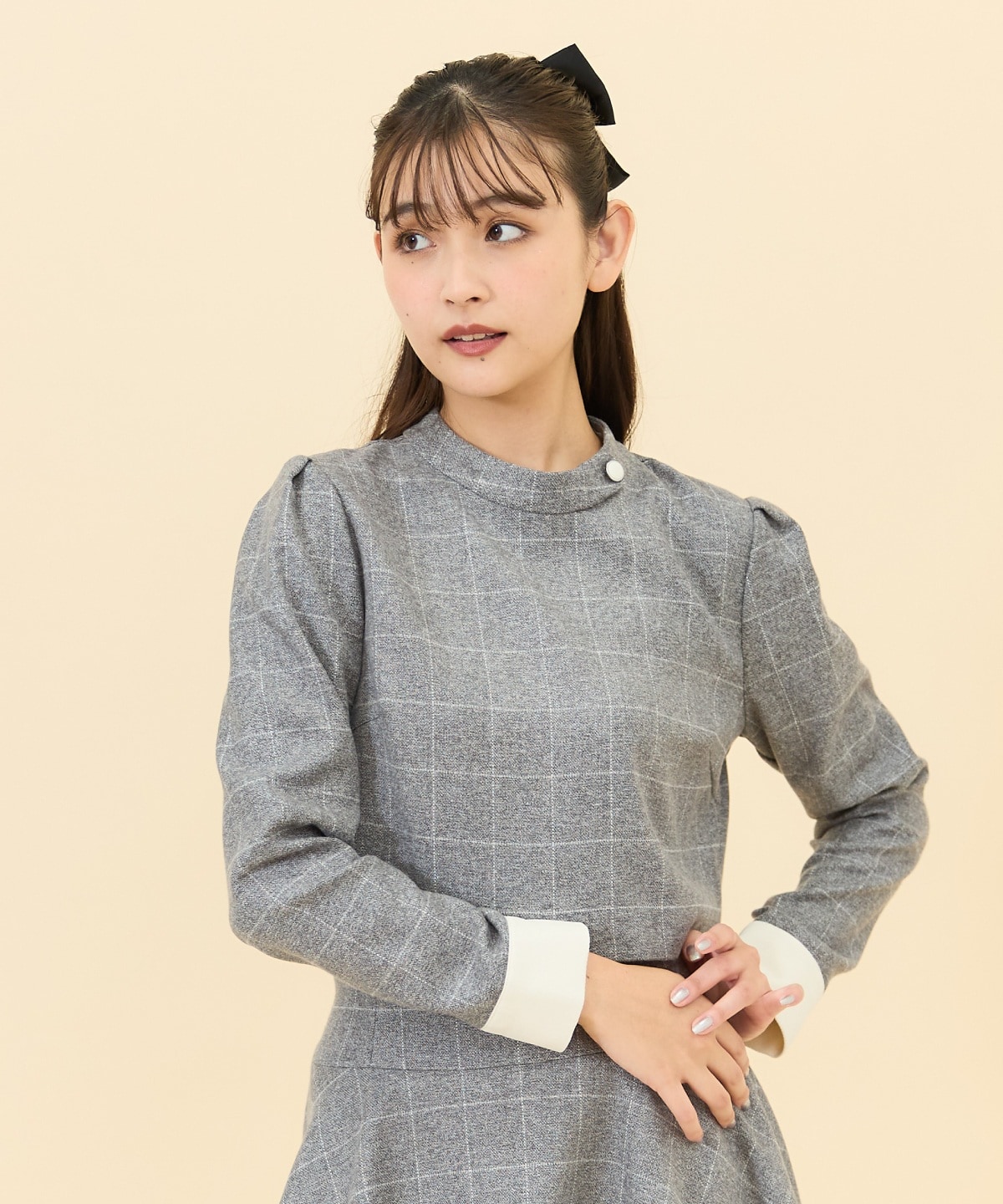 【セットアップ可能】バイカラーチェックスタンドトップス