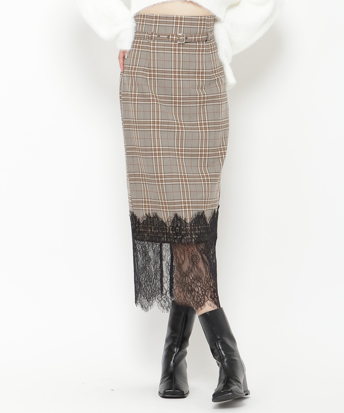 チェック×レースタイトスカート