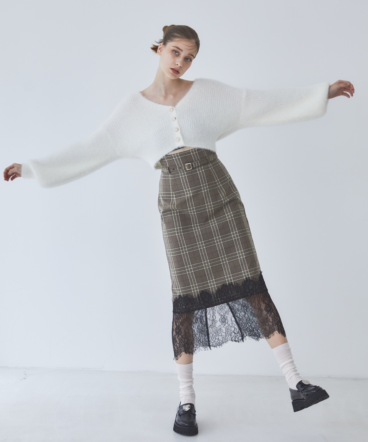 チェック×レースタイトスカート