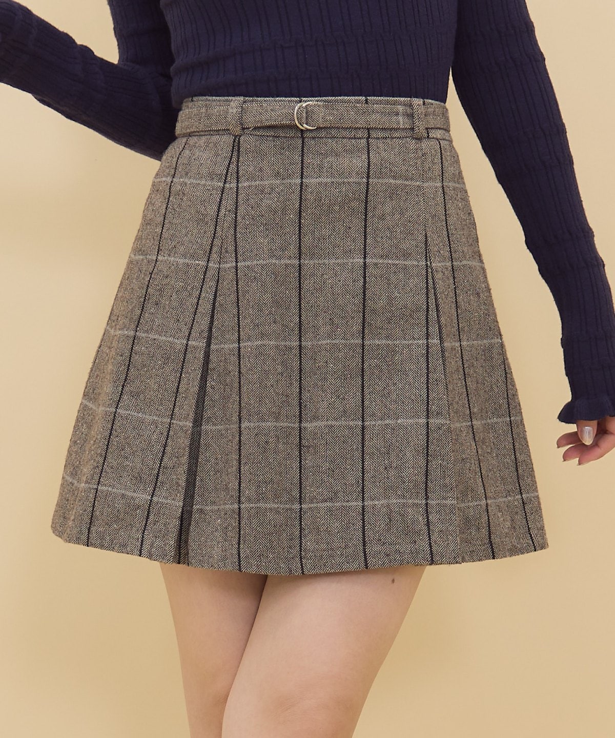 【セットアップ可能】ヘリンボーンチェックタックミニスカート