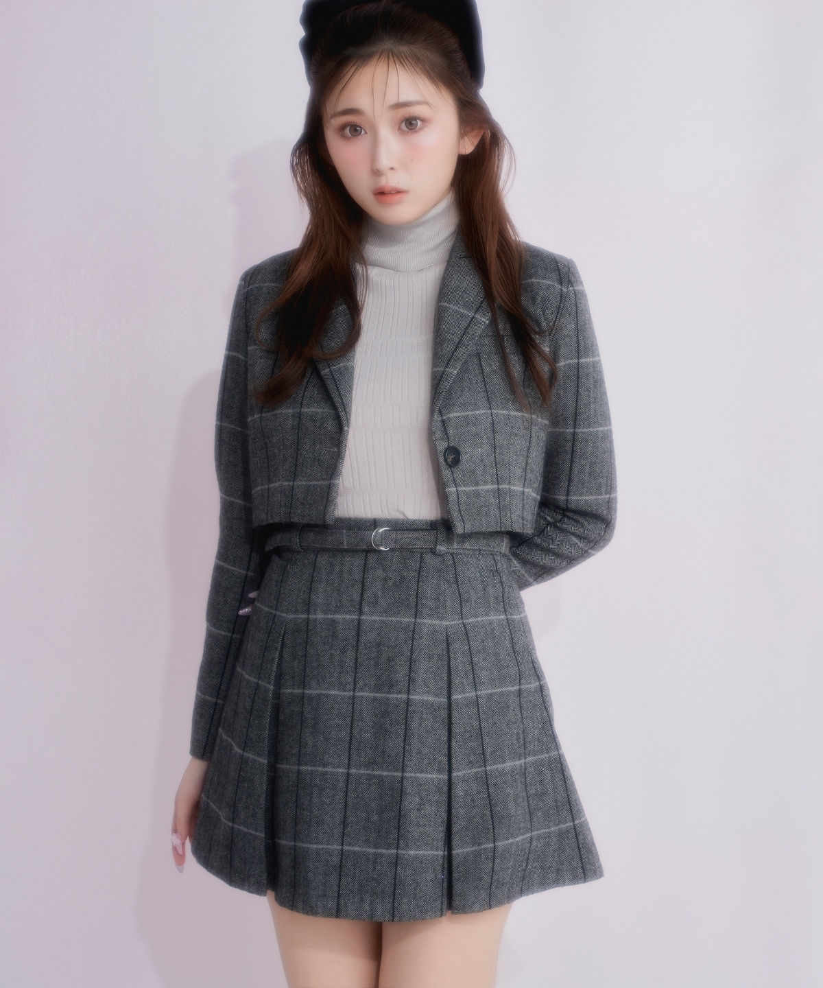 【セットアップ可能】ヘリンボーンチェックタックミニスカート