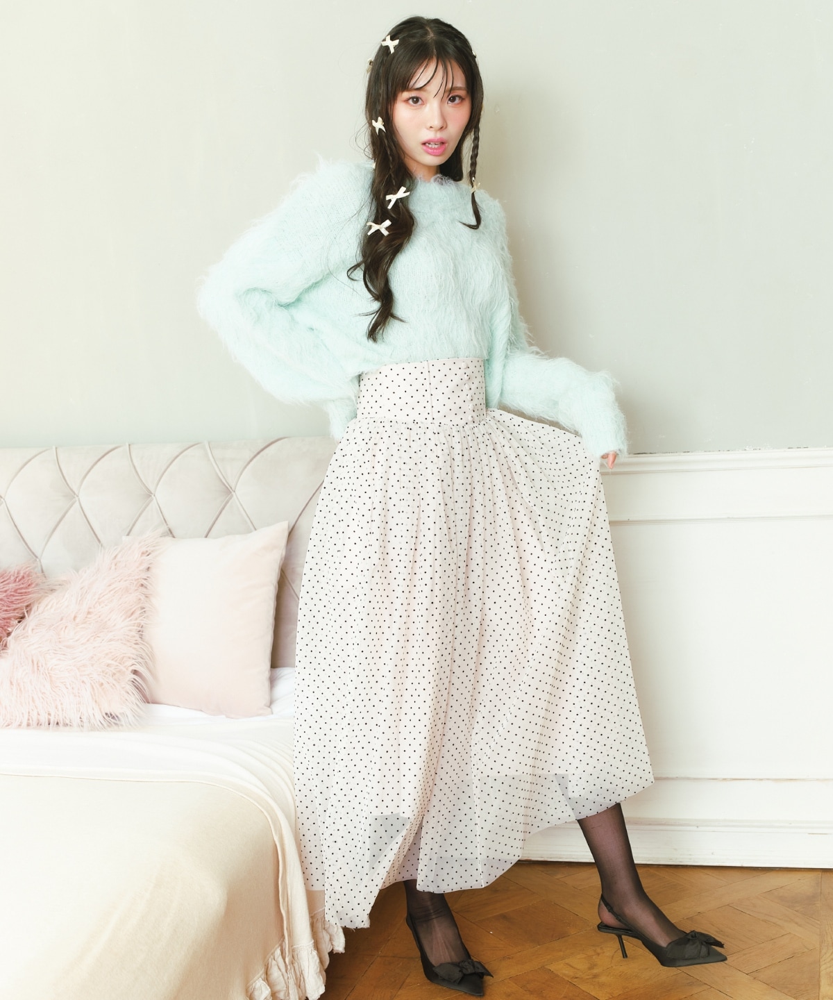 ドットチュールフレアスカート
