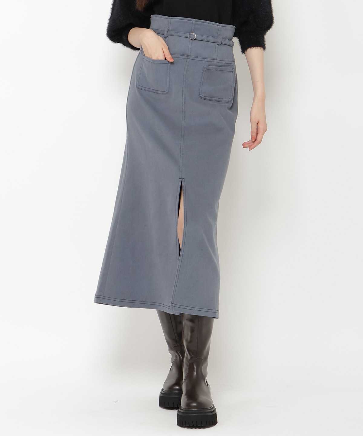 配色ステッチＡラインスカート