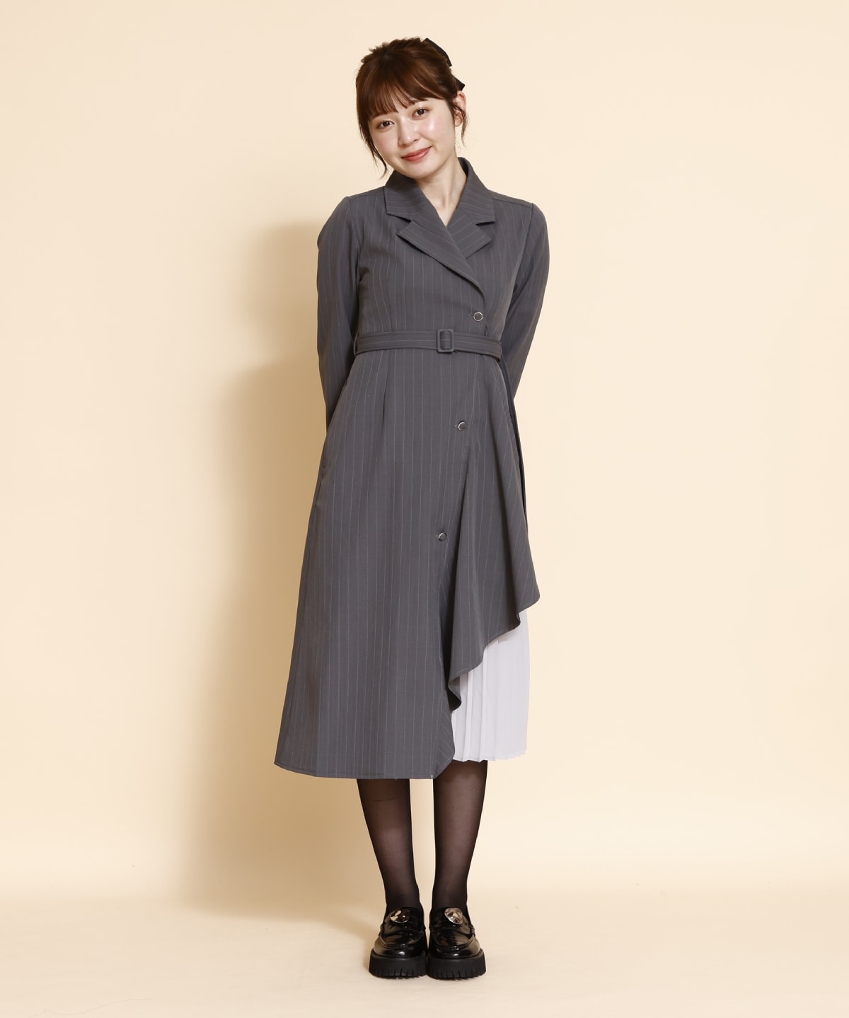 サイドプリーツストライプワンピース