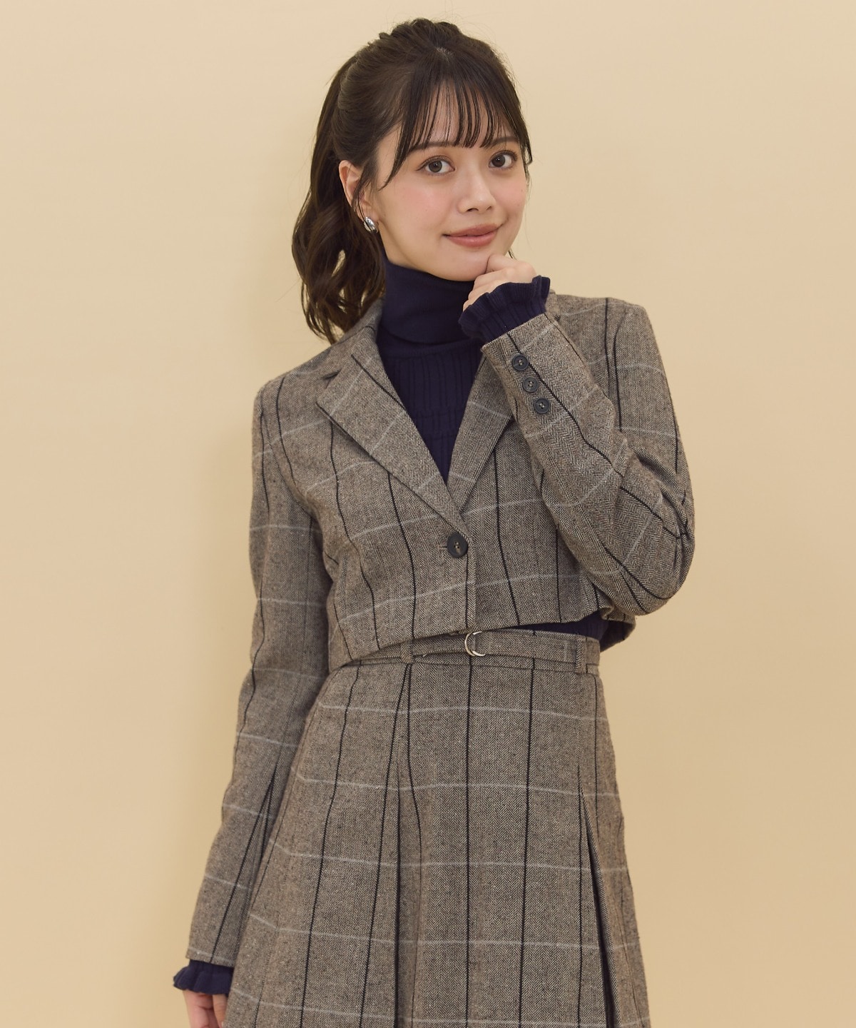 【セットアップ可能】ヘリンボーンチェックテーラーショートジャケット