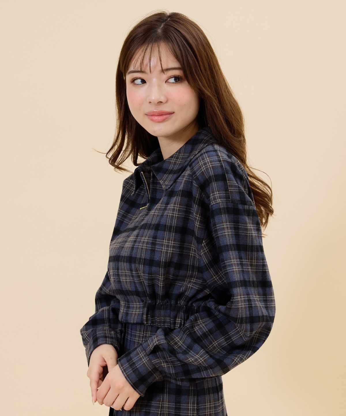 【セットアップ可能】フロントジップチェックショートブルゾン