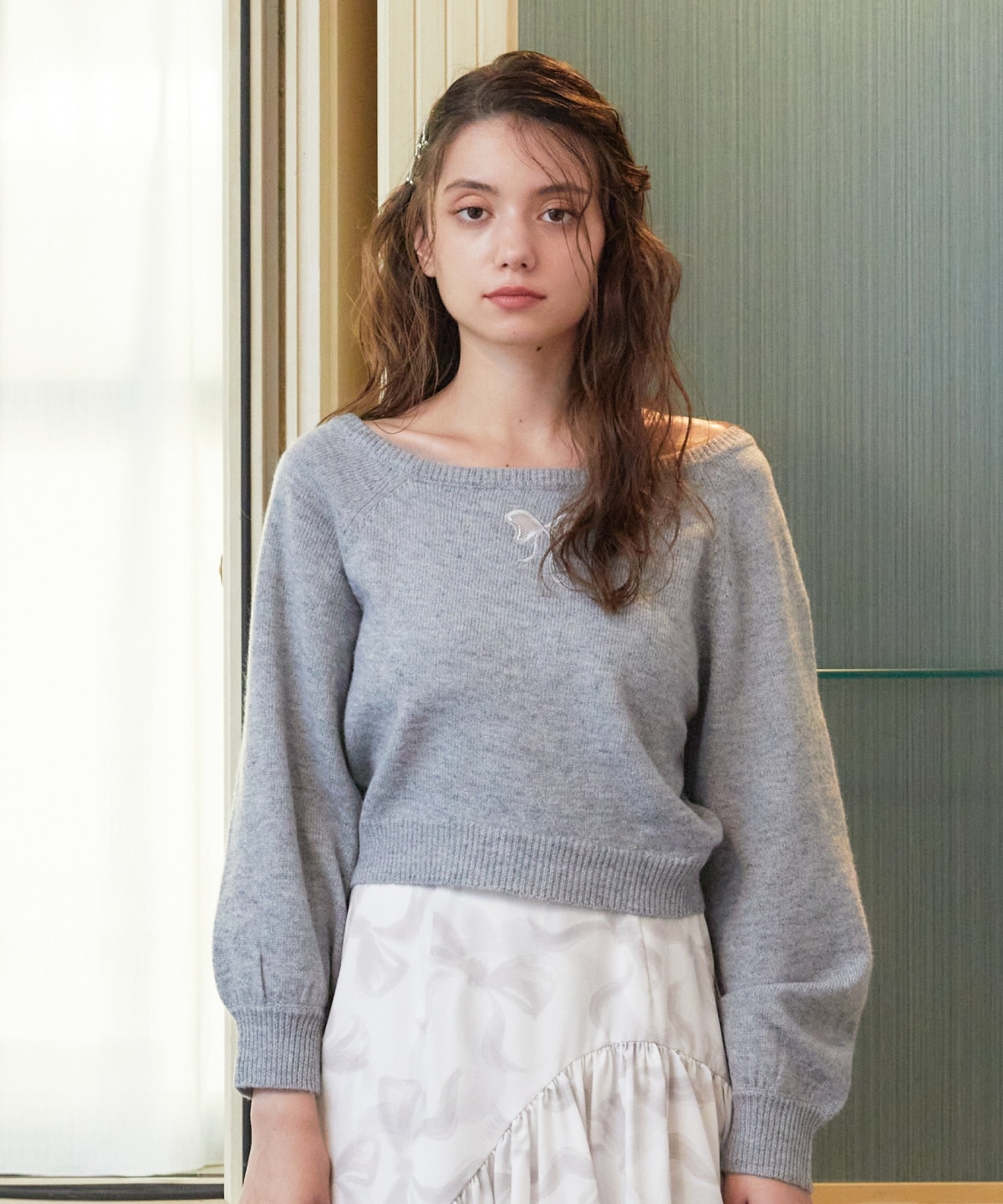 ワンショルリボンレースニット