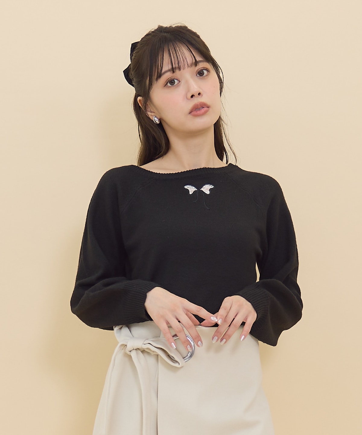 ワンショルリボンレースニット