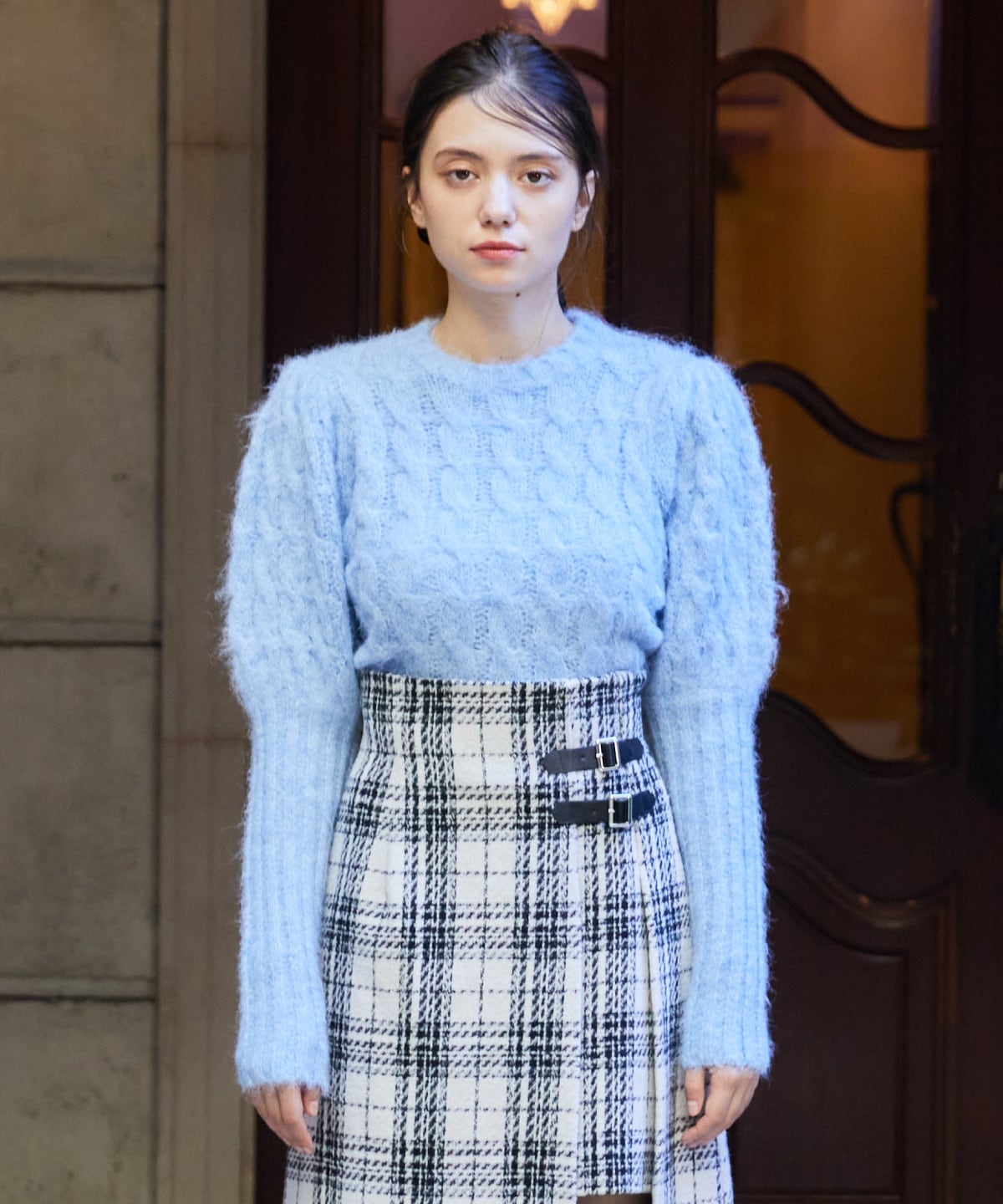 ケーブルパフスリーブニットトップス