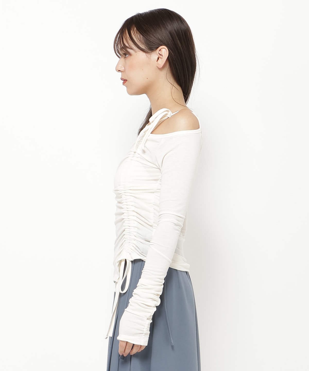 シャーリングリボンアシメトップス