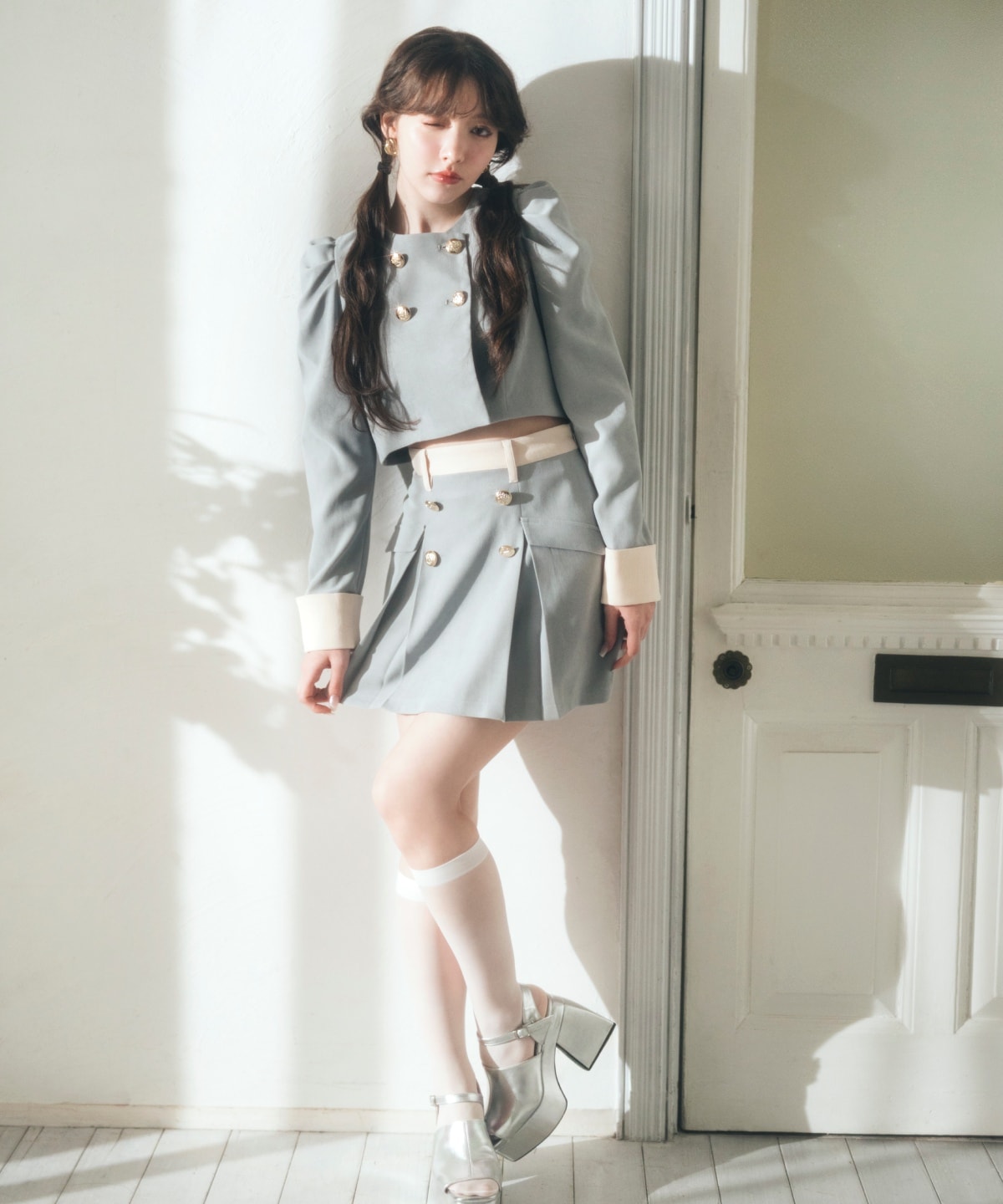 【セットアップ可能】ダブルボタンバイカラーミニスカート