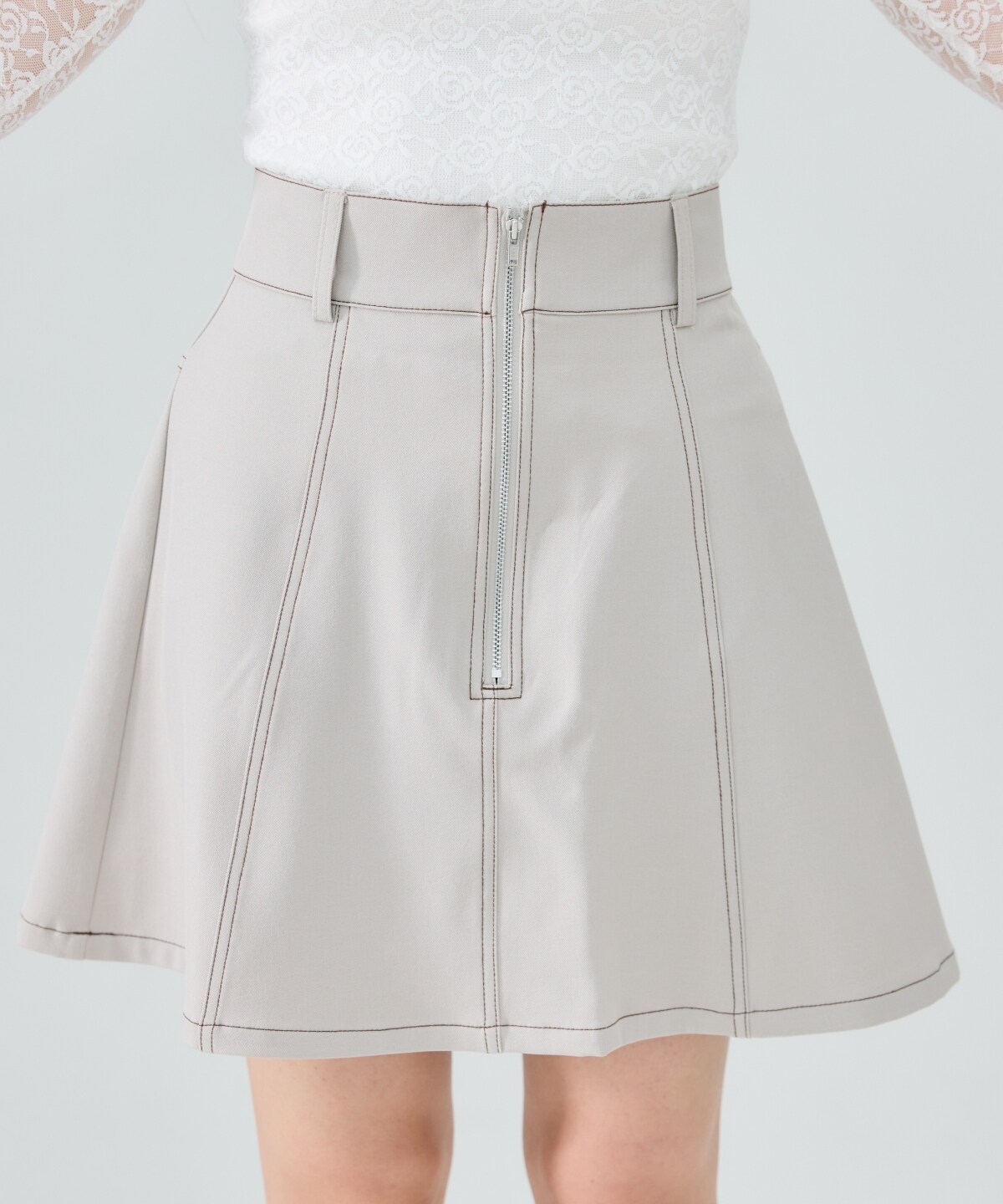 【セットアップ可能】バイカラーステッチフレアミニスカート