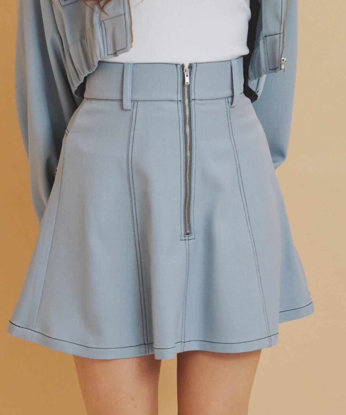 【セットアップ可能】バイカラーステッチフレアミニスカート