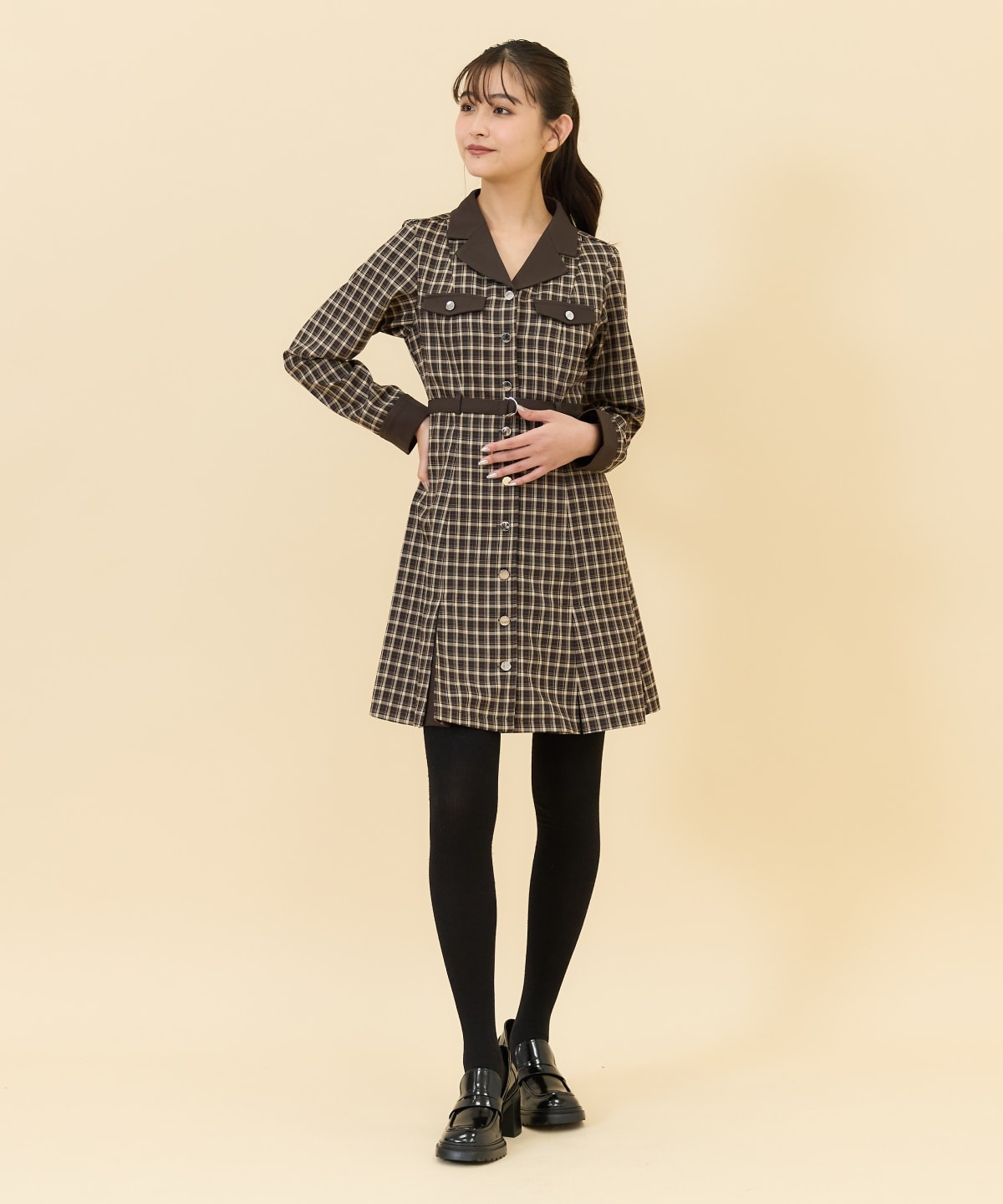 チェックバイカラーミニシャツワンピース