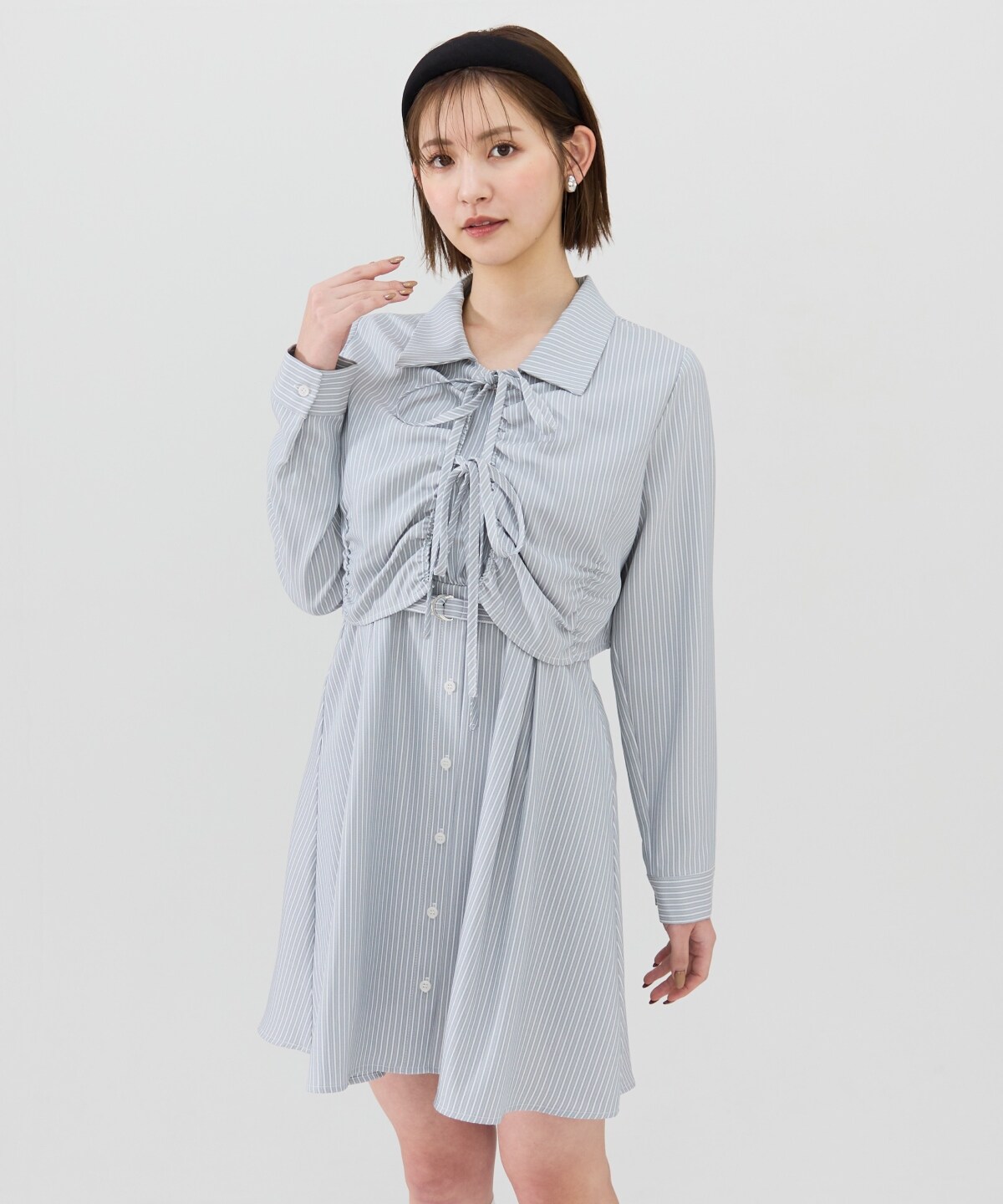 フロントシャーリングシャツ＆ストライプミニワンピースセット