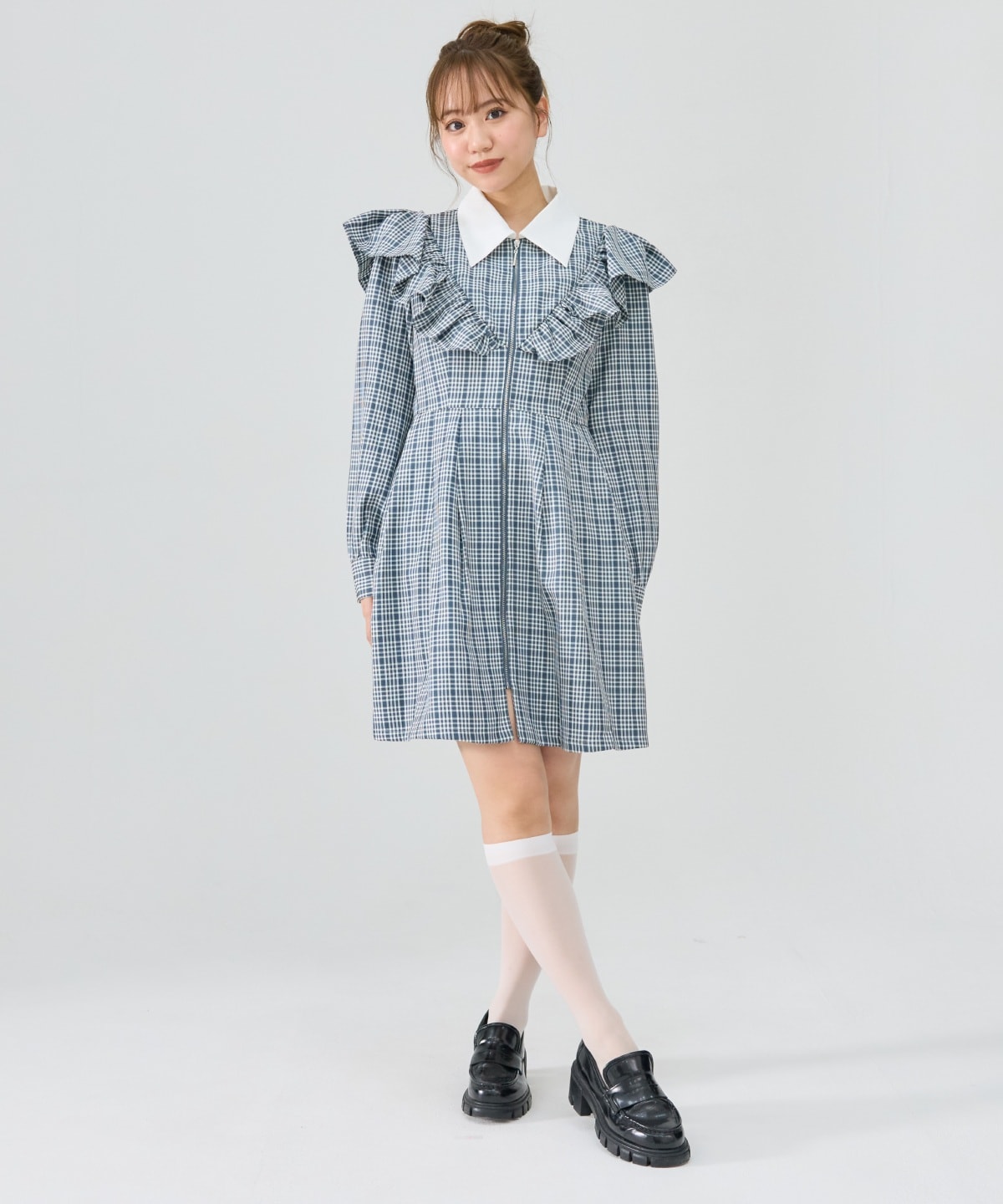 チェックフロントジップフリルミニシャツワンピース