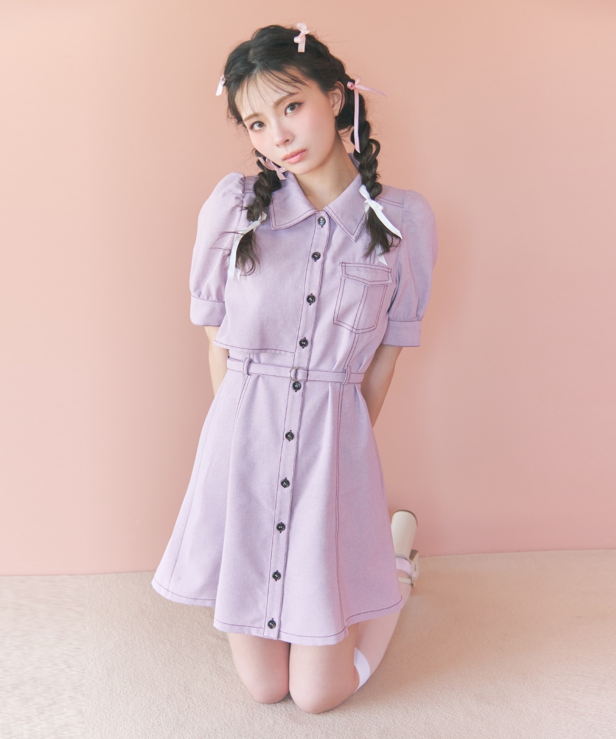 バイカラーステッチアシメデザイン半袖ミニワンピース