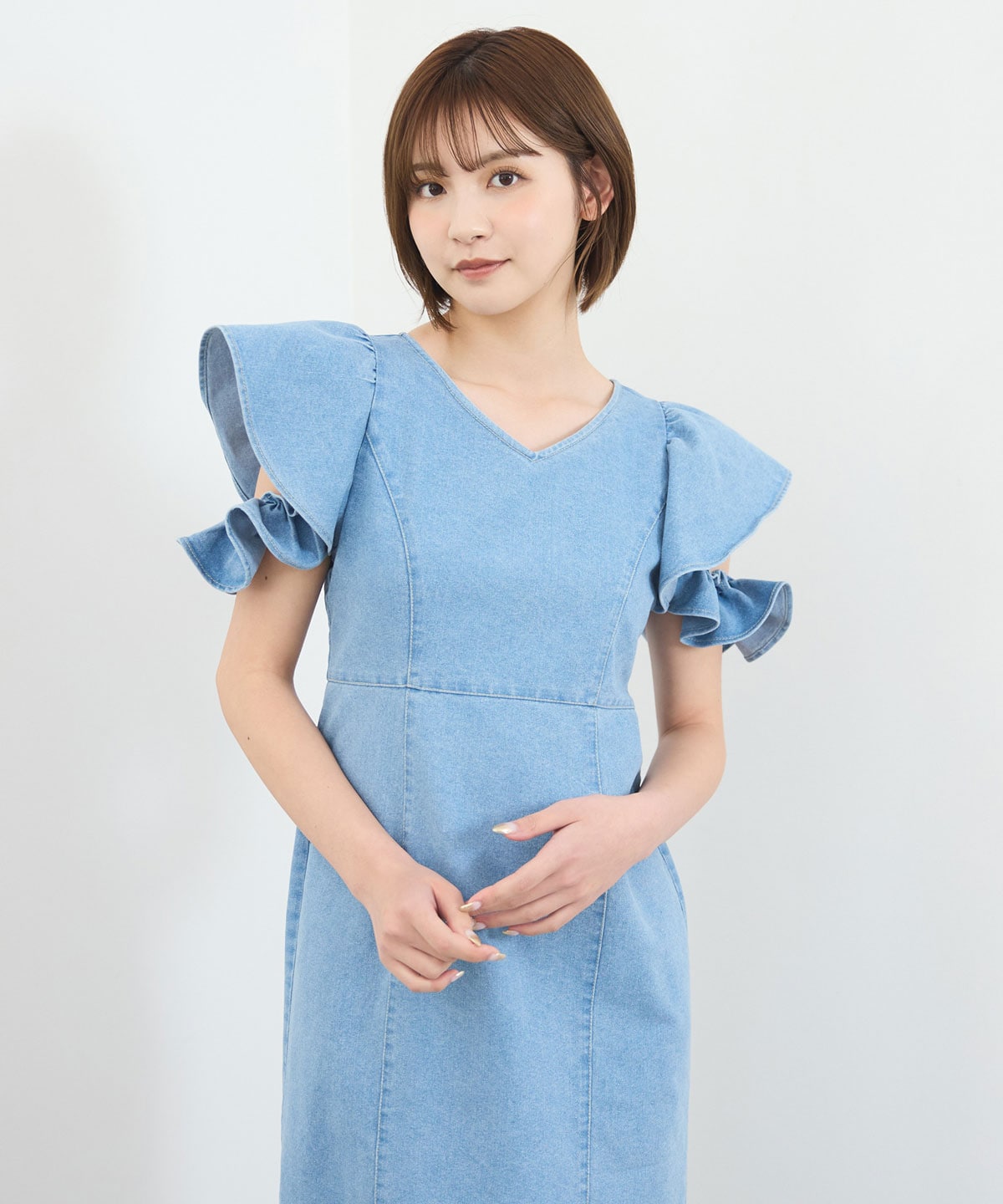 フリルスリーブデニムワンピース