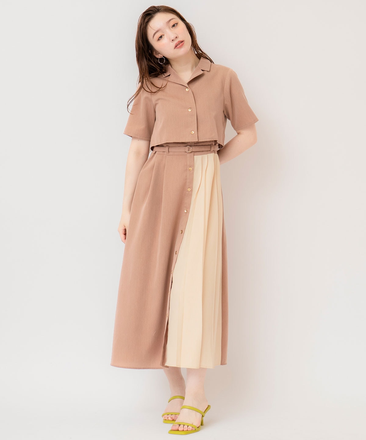 バイカラーアシメプリーツシャツワンピース