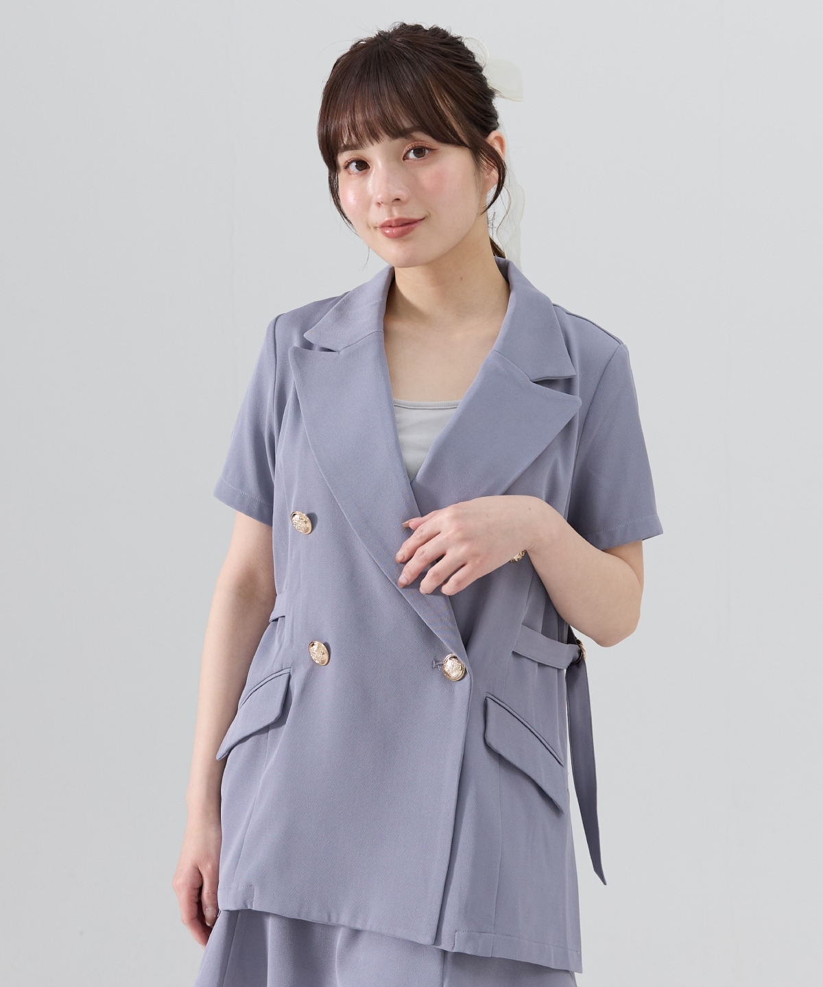 【セットアップ可能】サイドベルト半袖ダブルジャケット