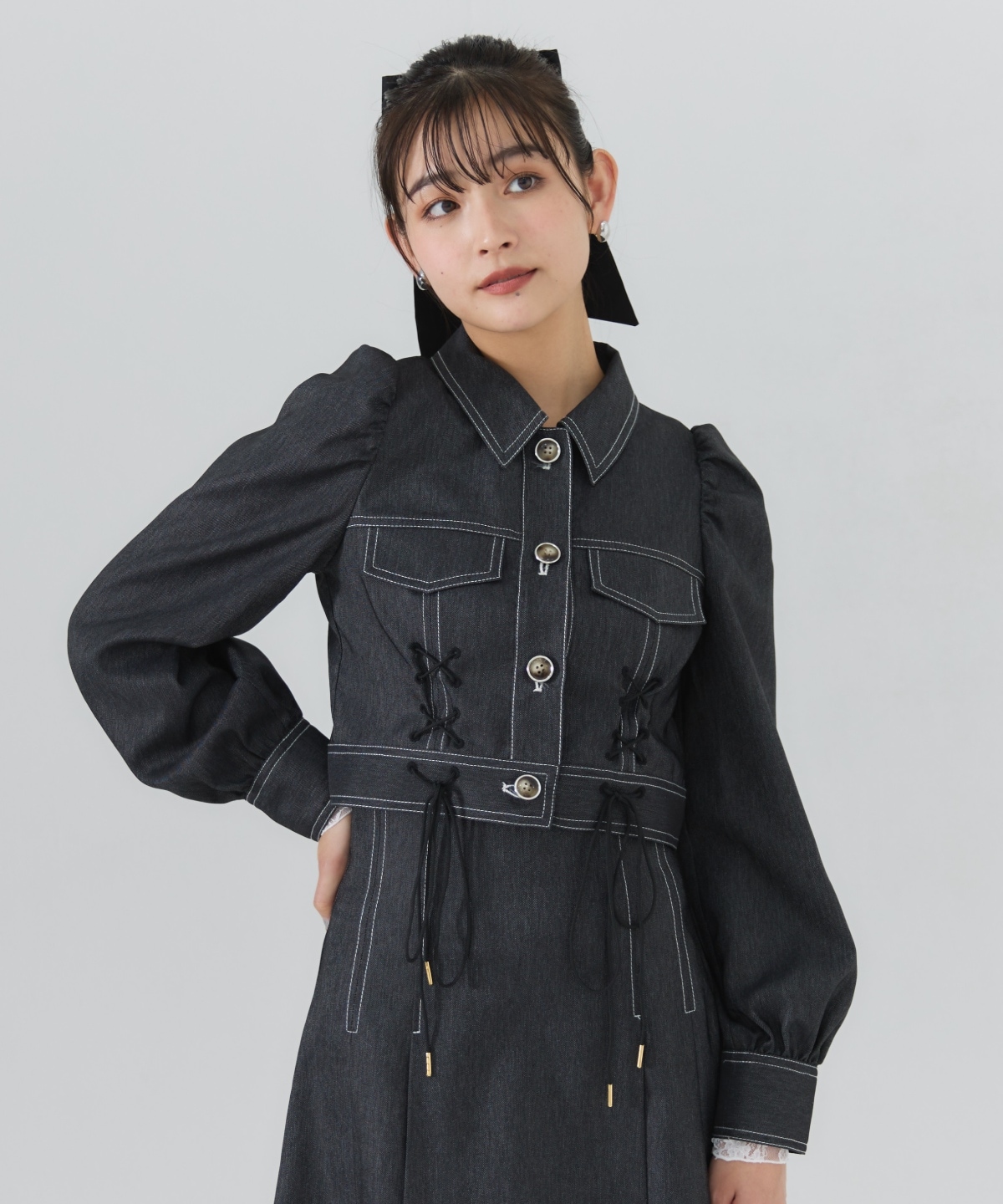 【セットアップ可能】デニムライクレースアップショートジャケット
