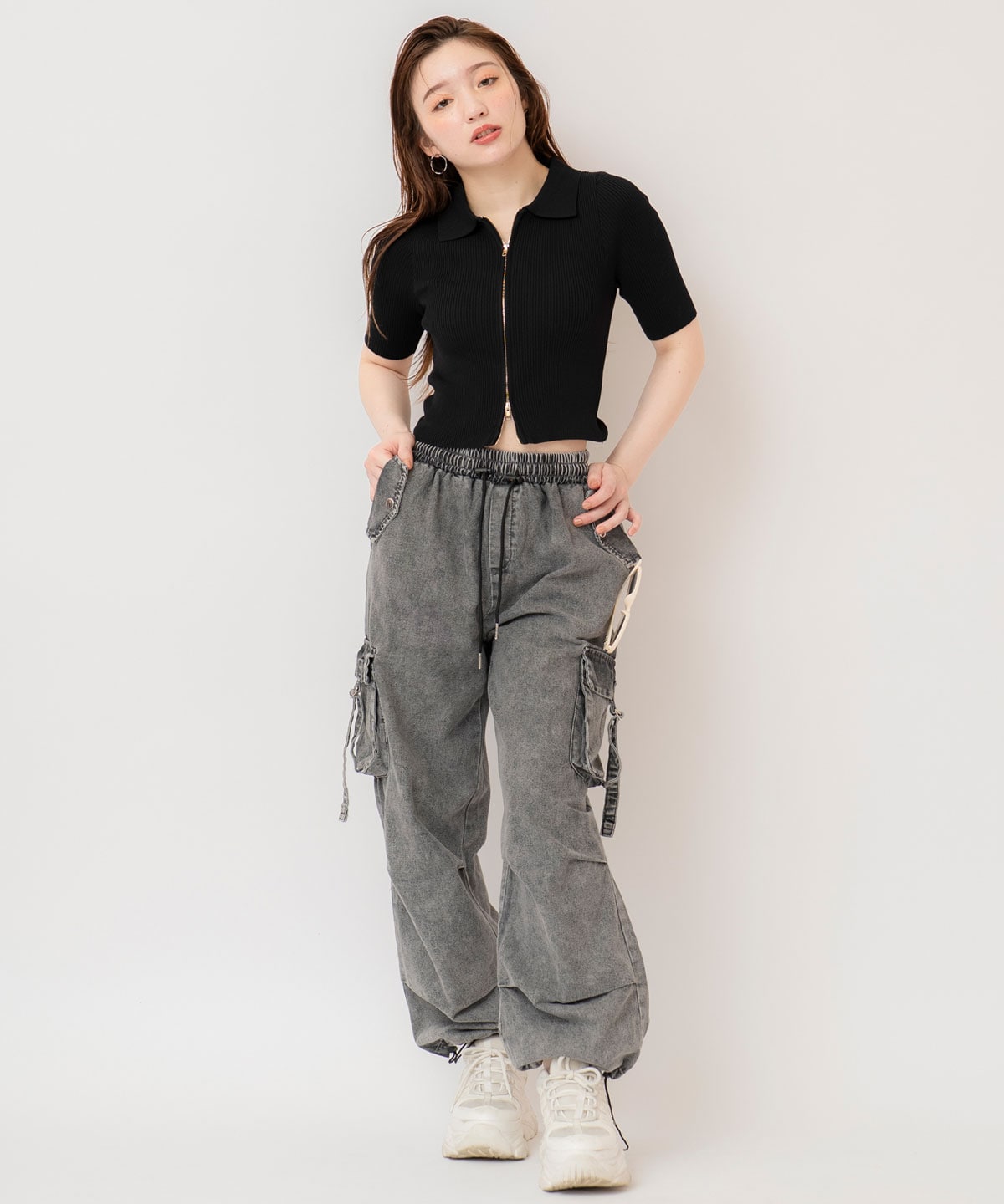 ZIPリブニットトップス