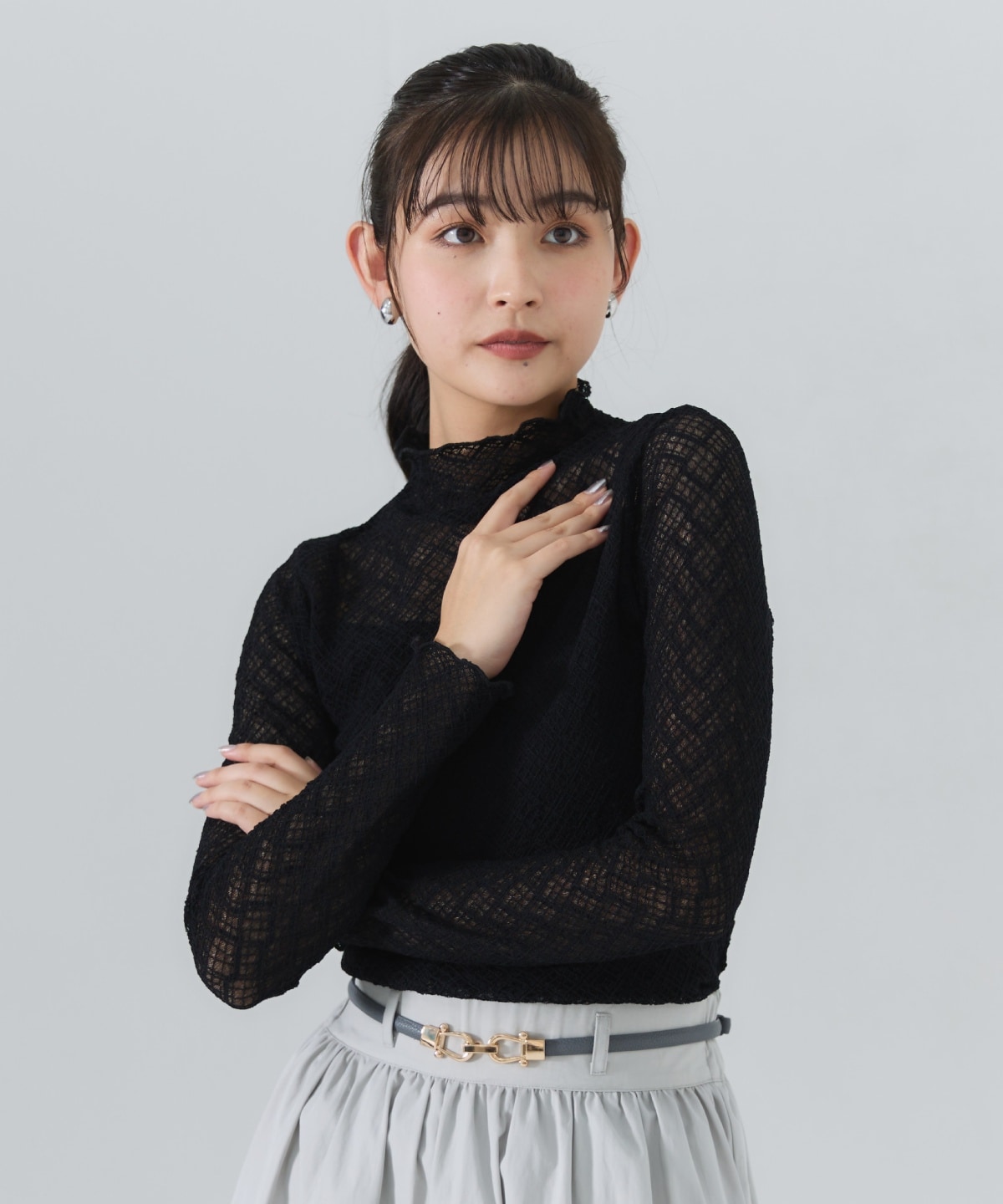 チェックレースハイネックトップス