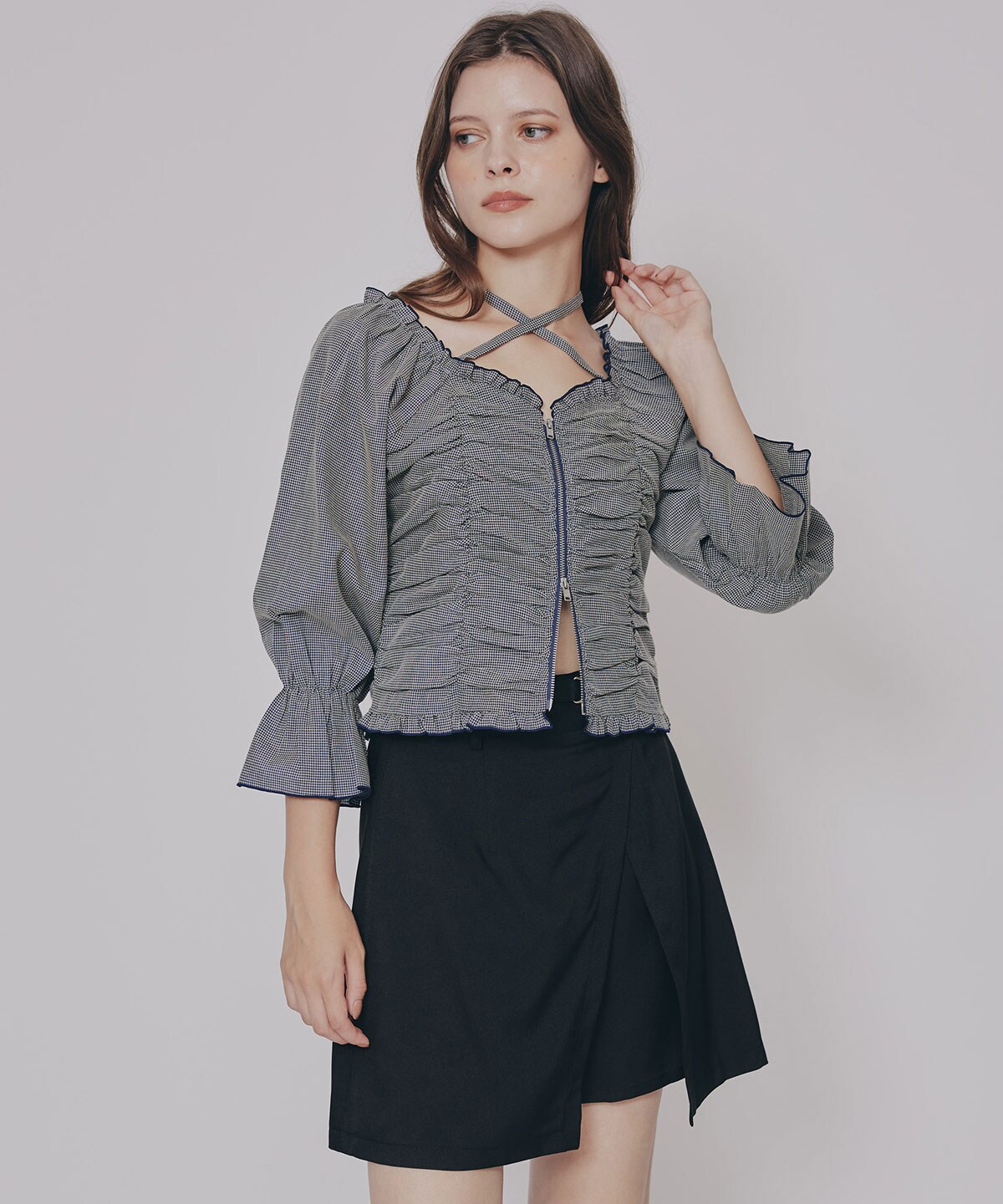 フロントZIPクロスギャザーブラウス