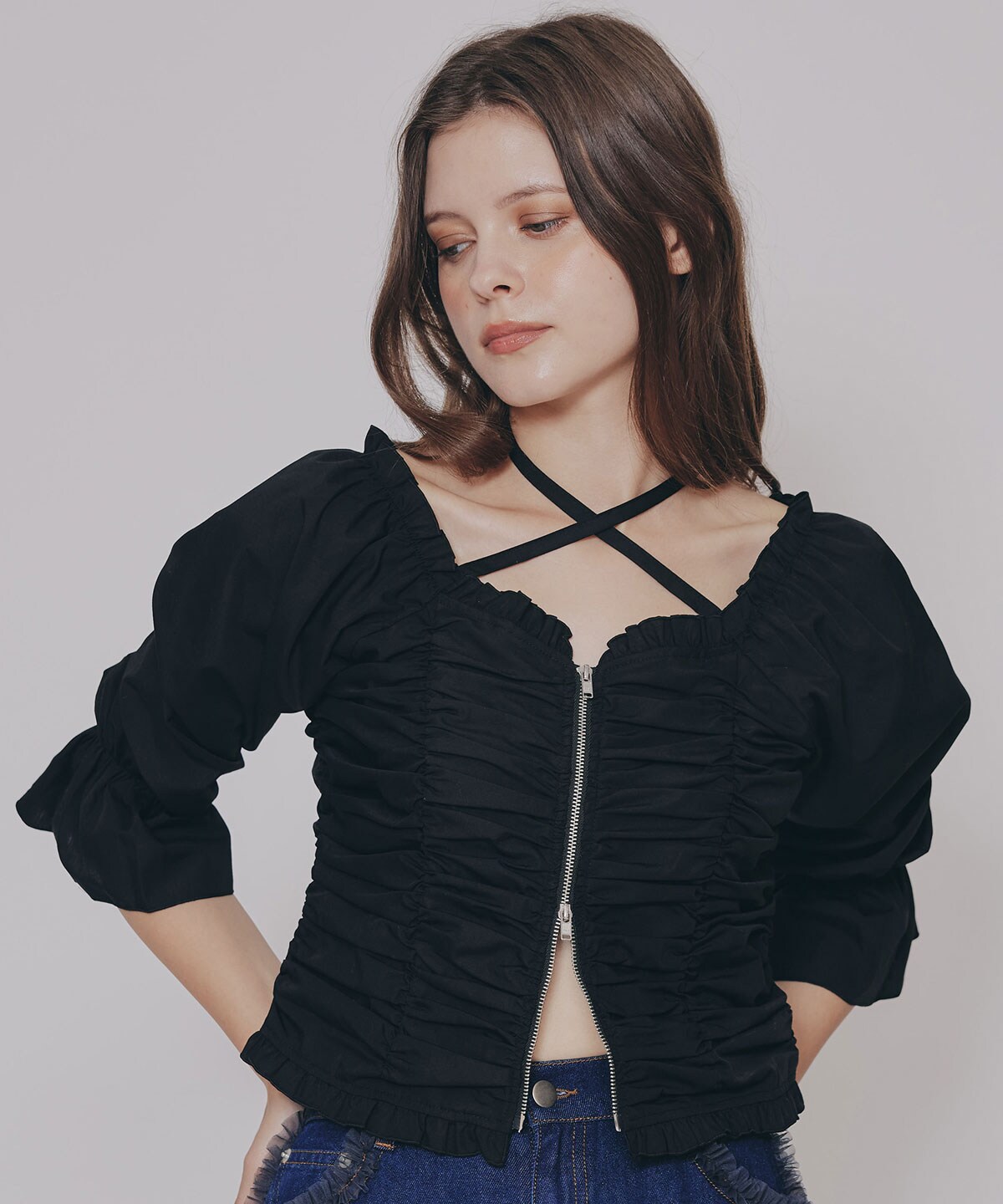 フロントZIPクロスギャザーブラウス