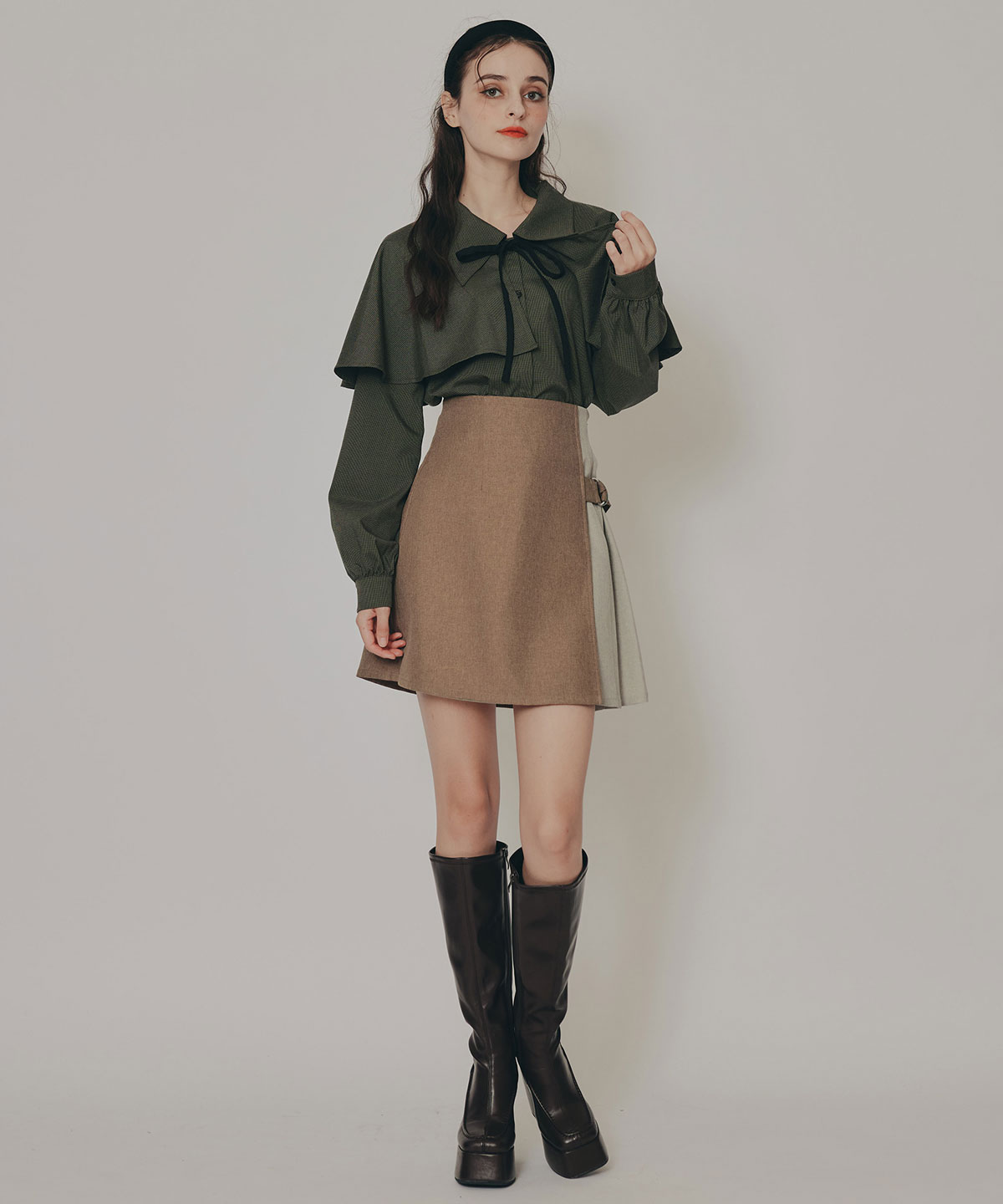 ケープライクグレンチェックリボンタイブラウス