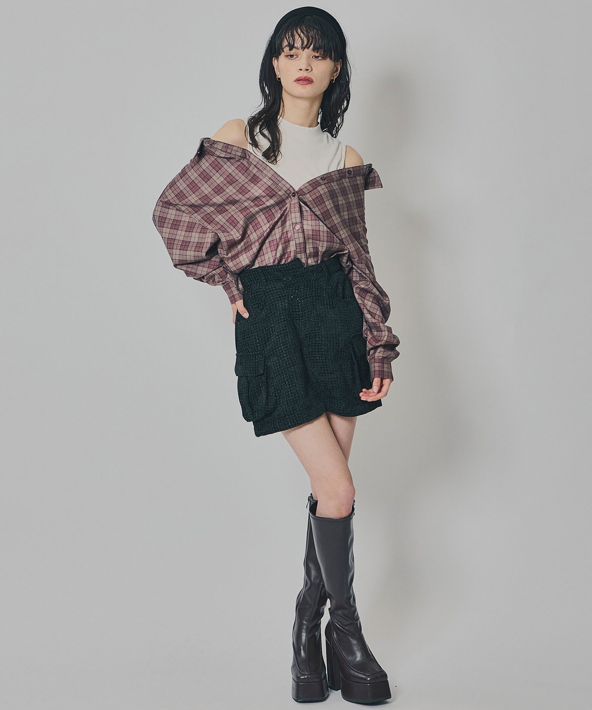 マルチウェイオフショルチェックシャツ×タンクトップ