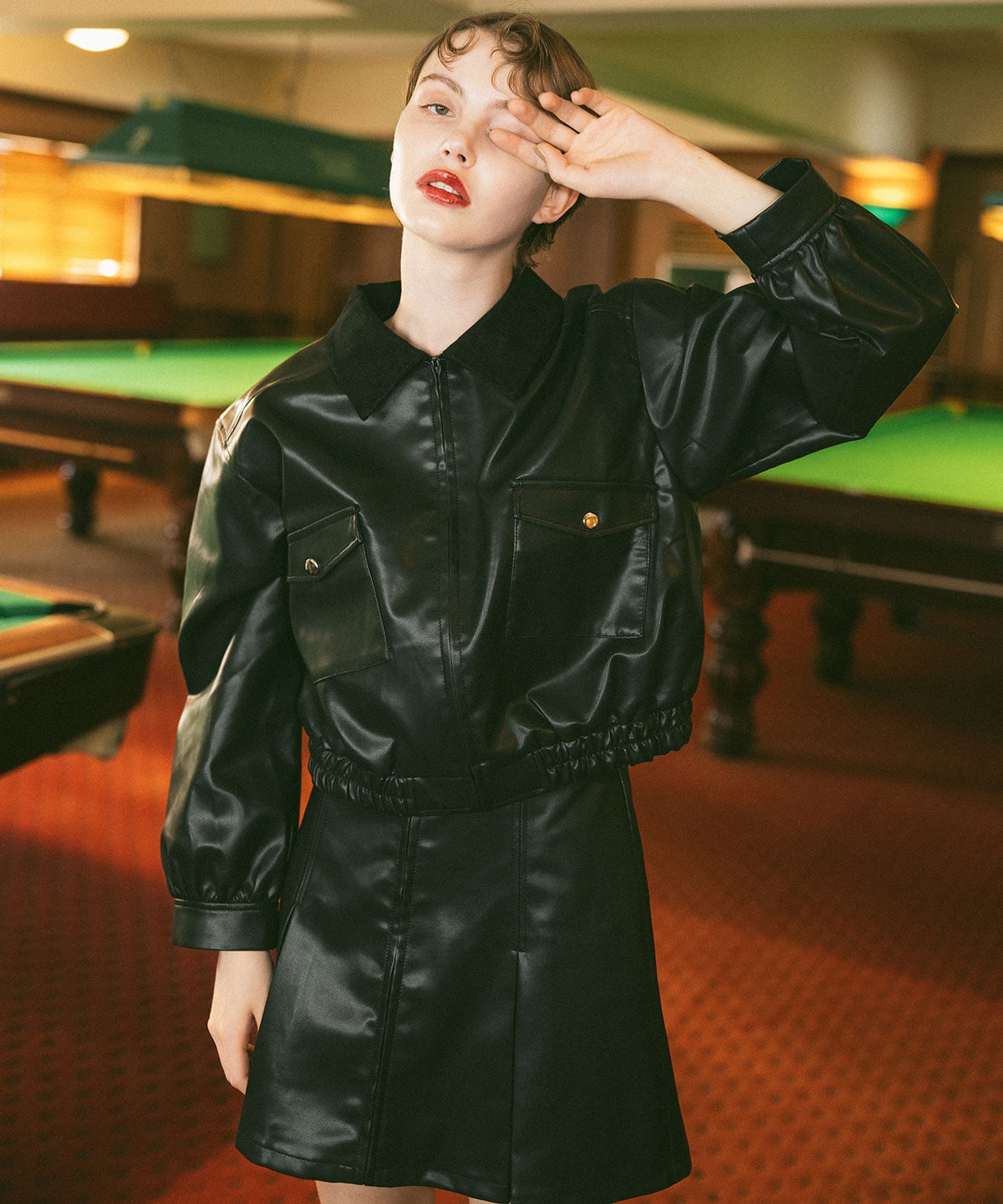 【セットアップ可能】フェイクレザーBOXプリーツミニスカート