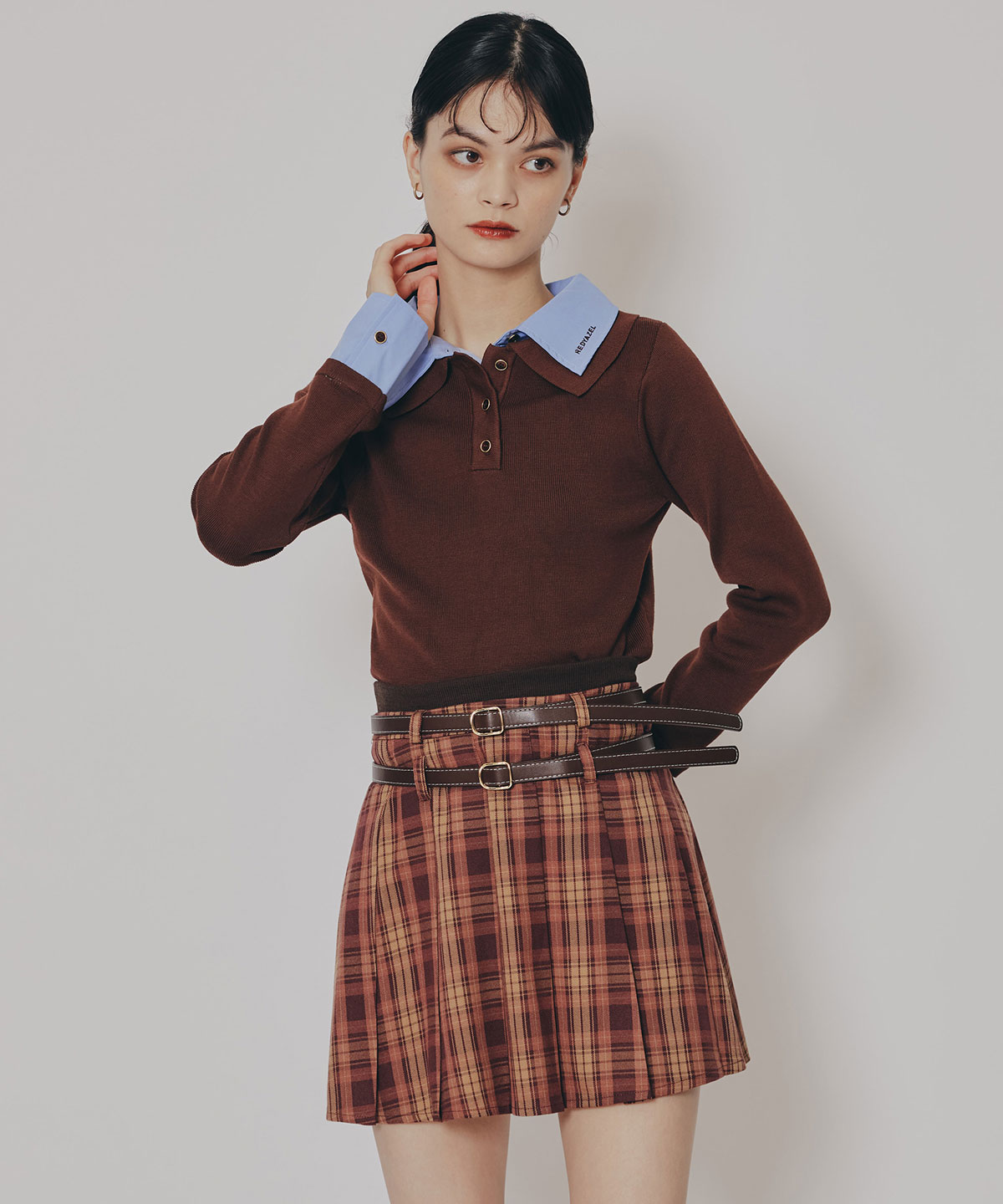 ダブルベルトチェックプリーツミニスカート