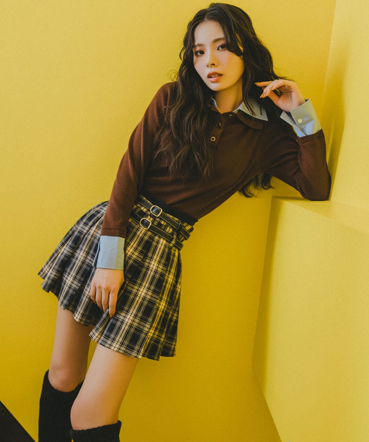 ダブルベルトチェックプリーツミニスカート