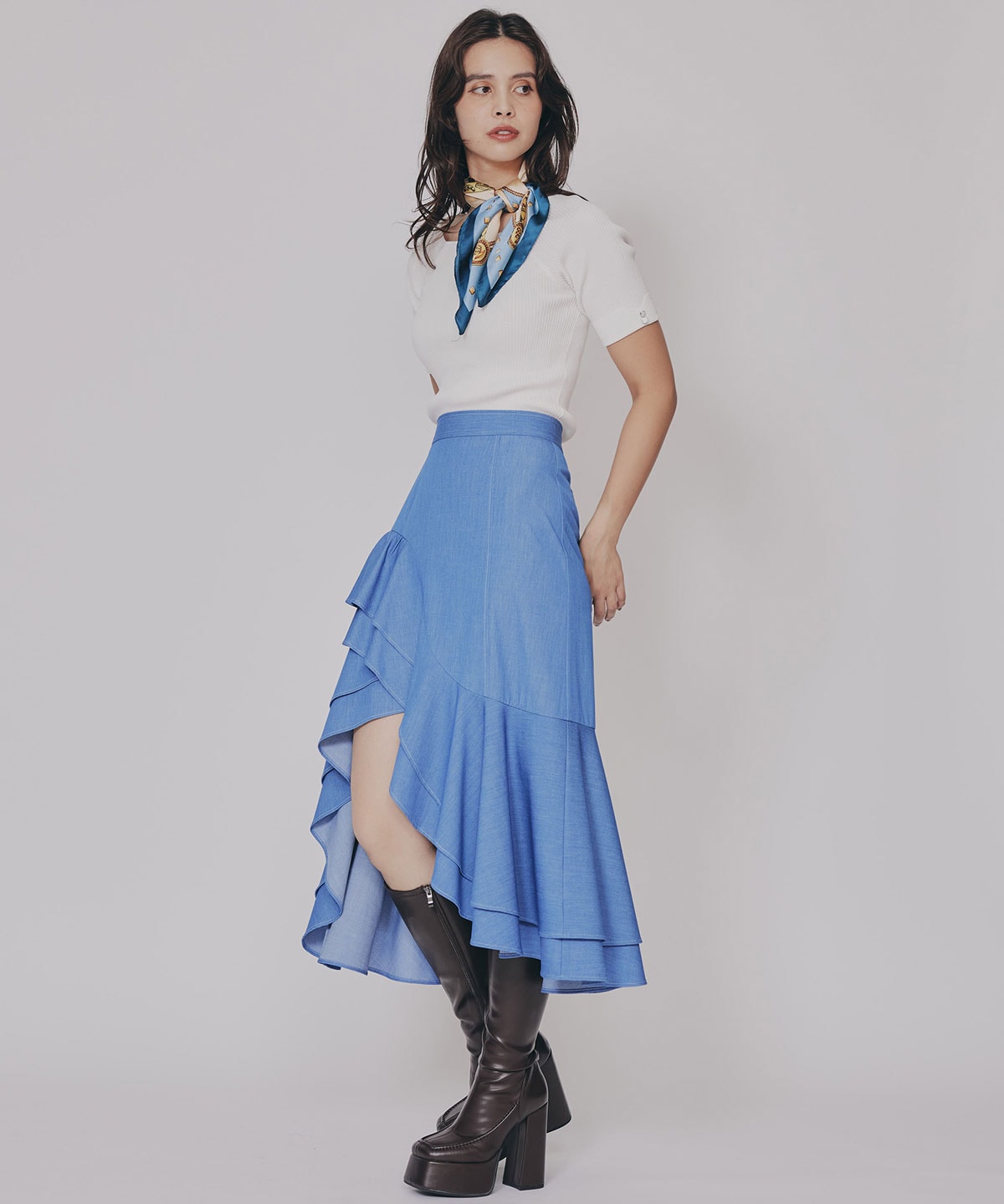 アシメフリルデニムライクティアードスカート