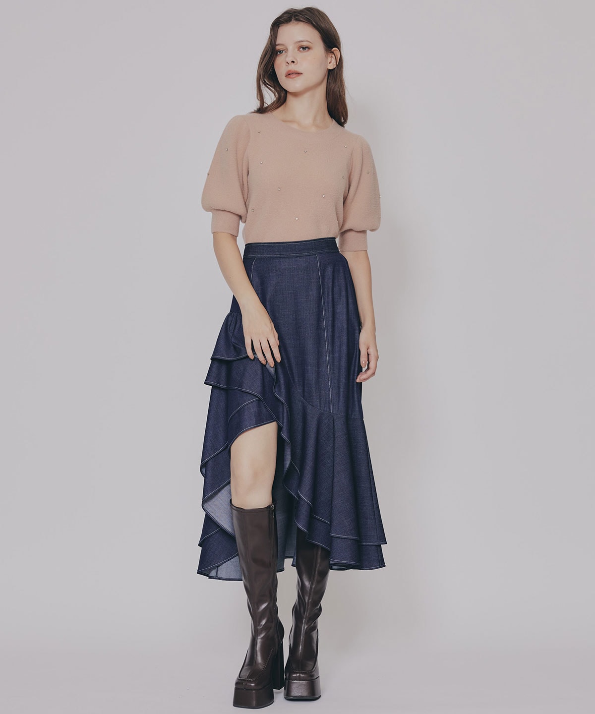 アシメフリルデニムライクティアードスカート