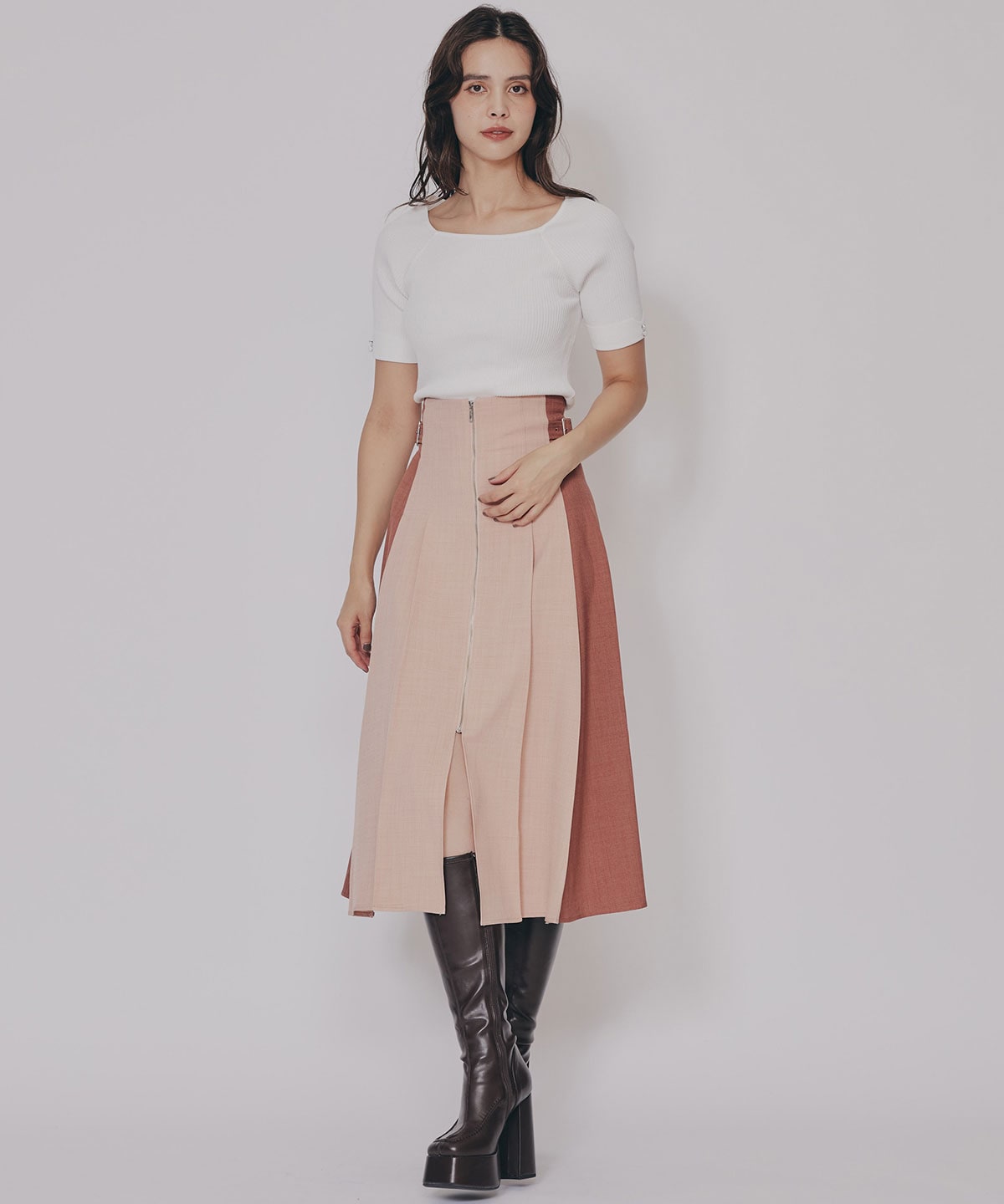 フロントジップバイカラーミディスカート