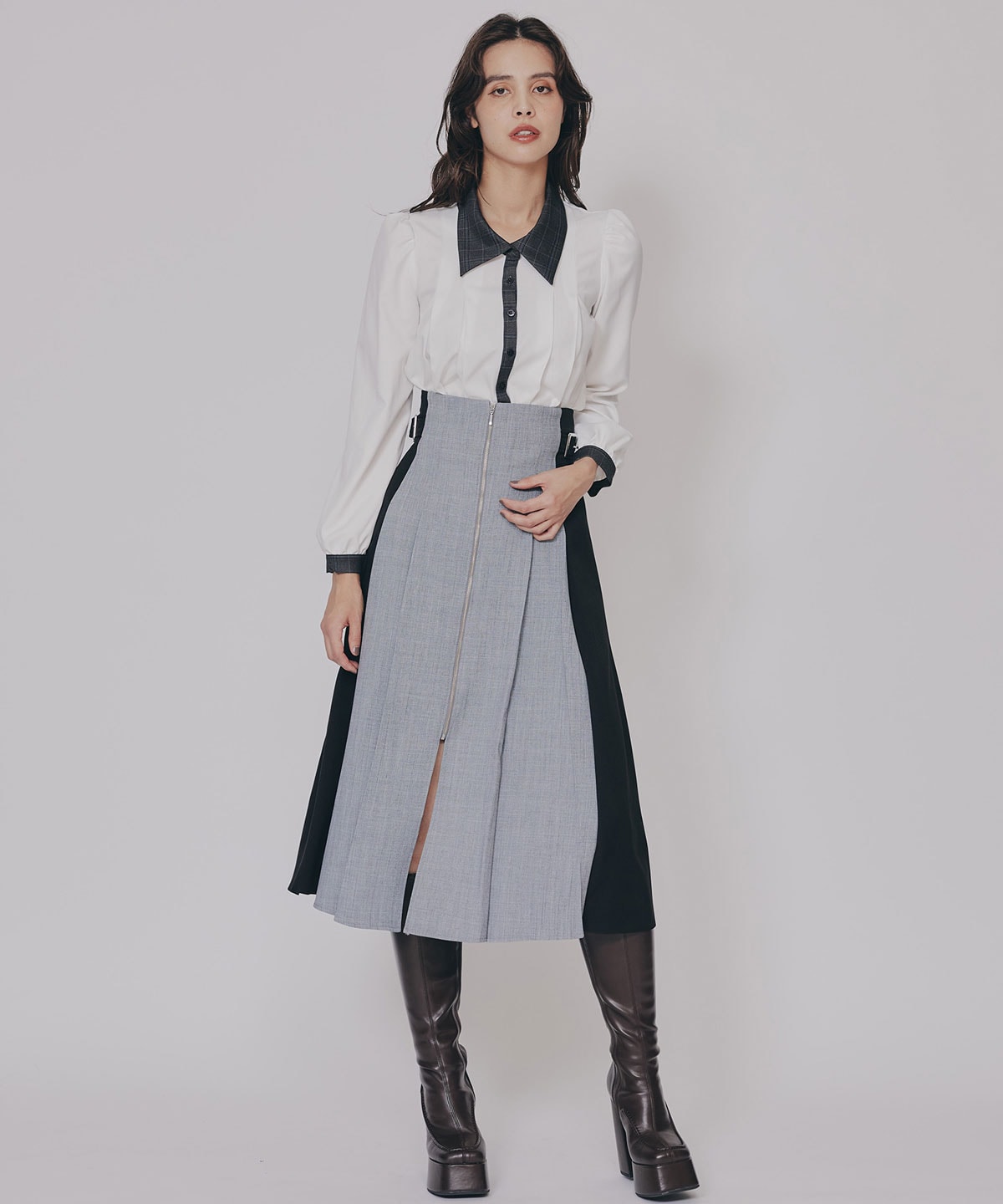 フロントジップバイカラーミディスカート