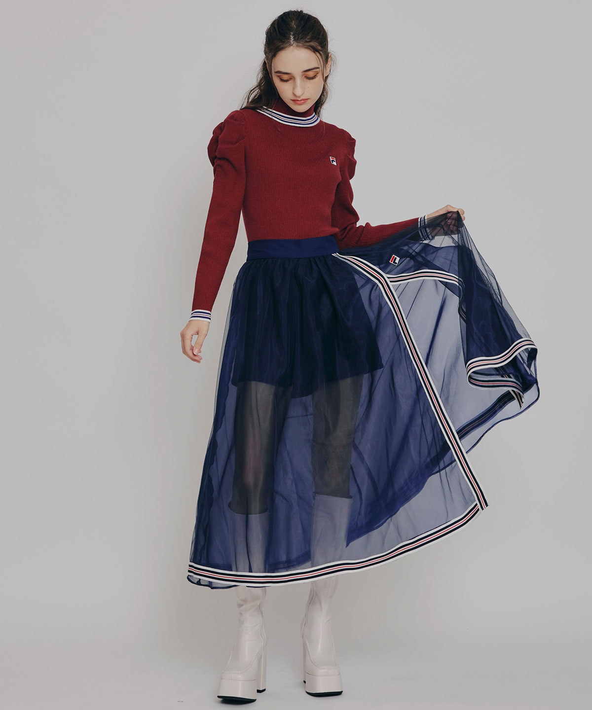 ［FILA×REDYAZEL］チュールレイヤードショートパンツ×トリコロールラインスリットロングスカート