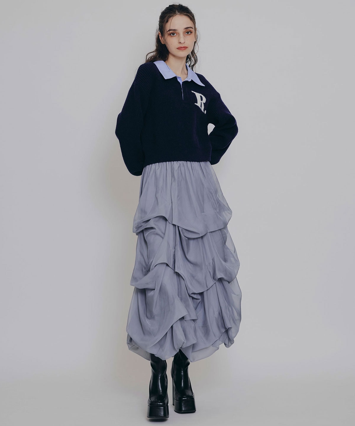 タックバルーンボリュームシフォンロングスカート