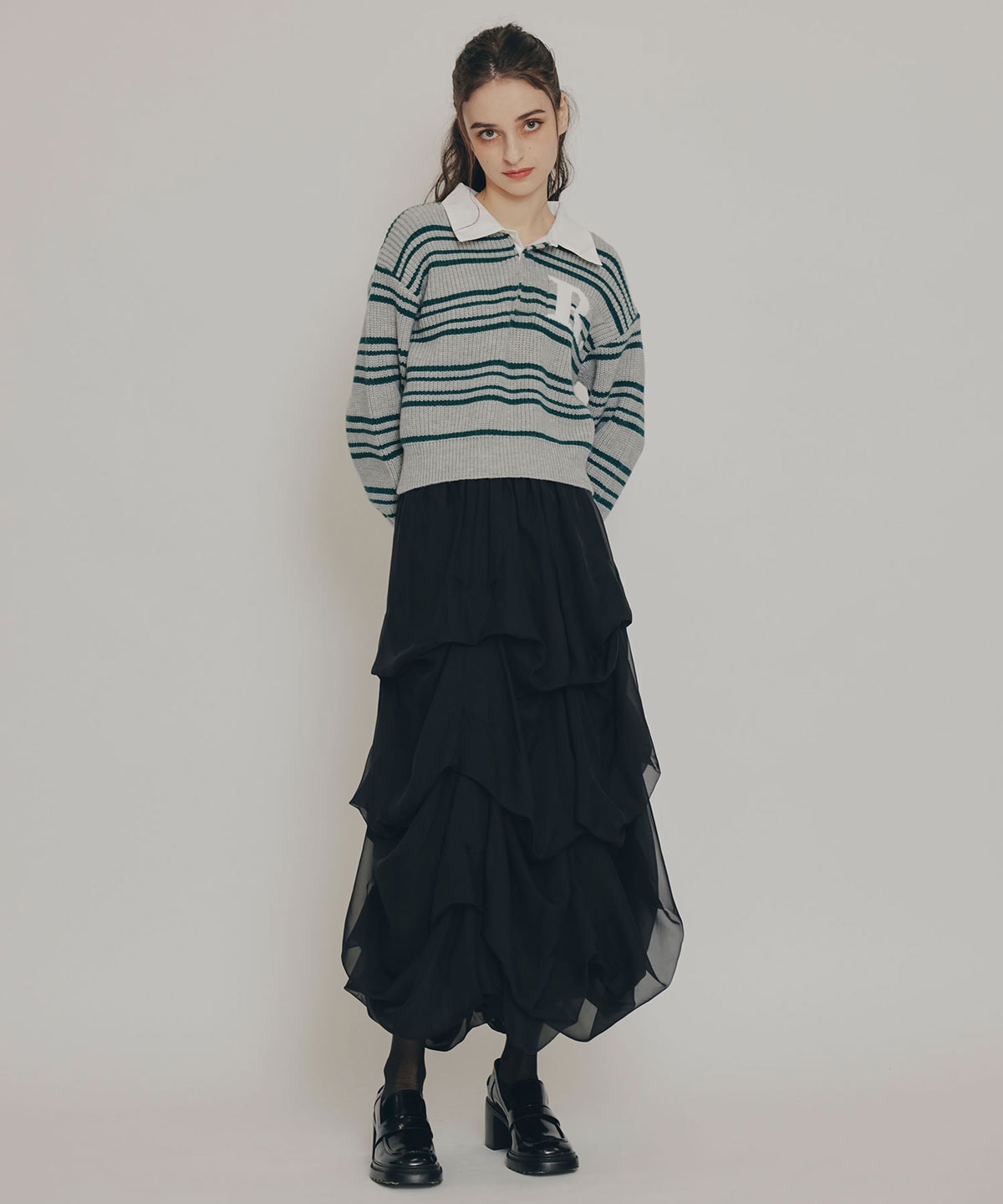 タックバルーンボリュームシフォンロングスカート