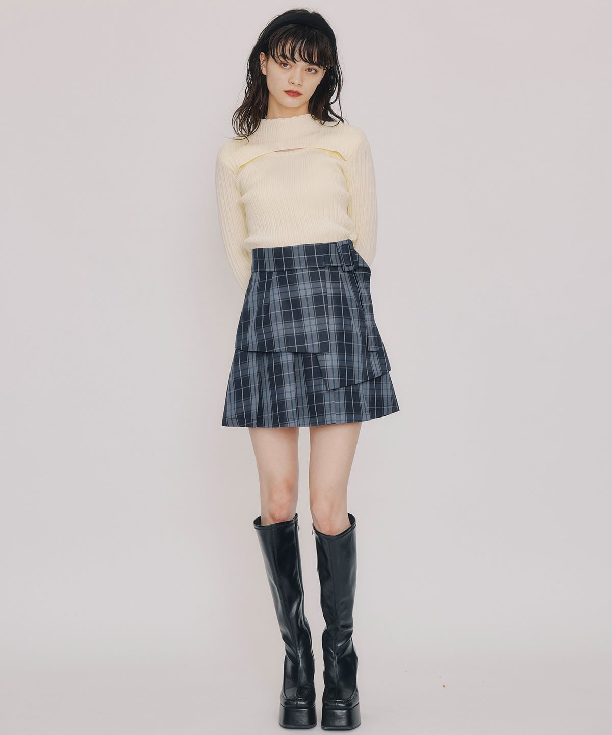 レイヤードライクチェックプリーツミニスカート