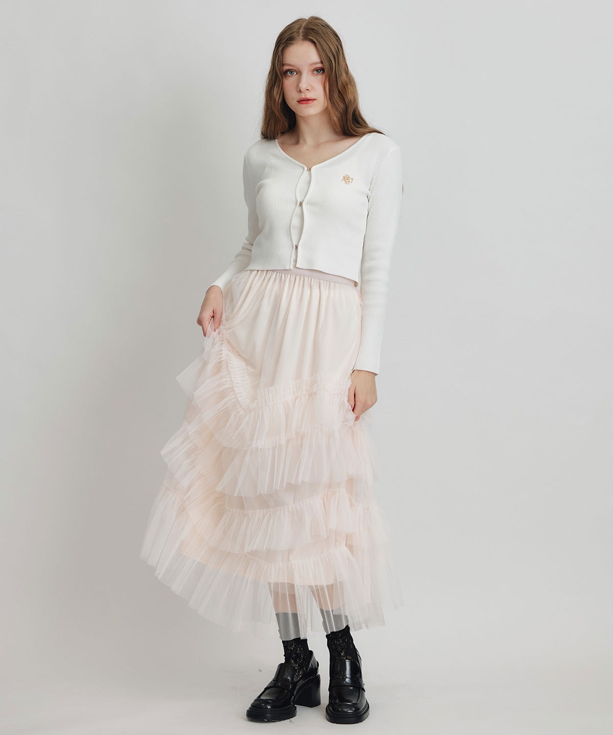 ギャザーチュールティアードロングスカート