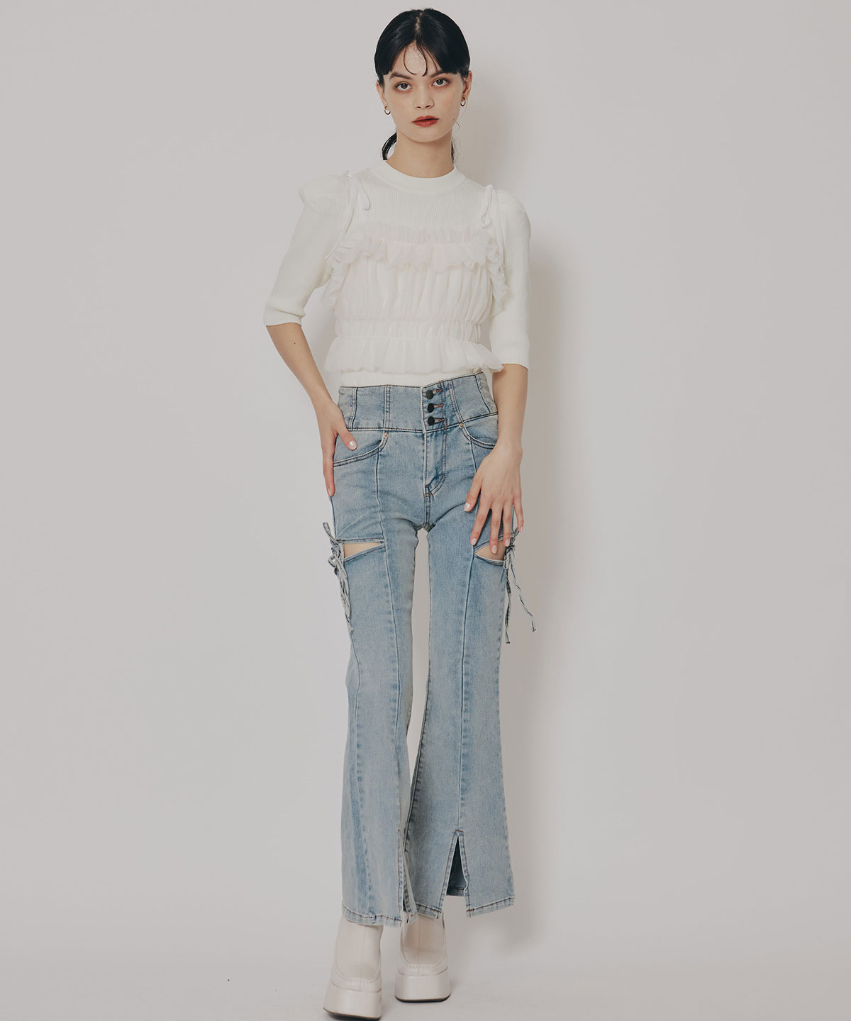 カットアウトリボンストレッチデニム