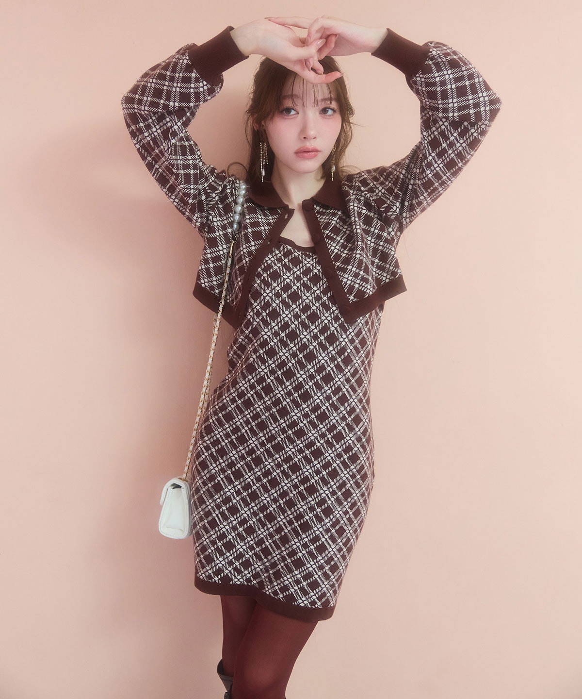 クラシカルニットカーディガン×キャミソールニットワンピースセットアップ