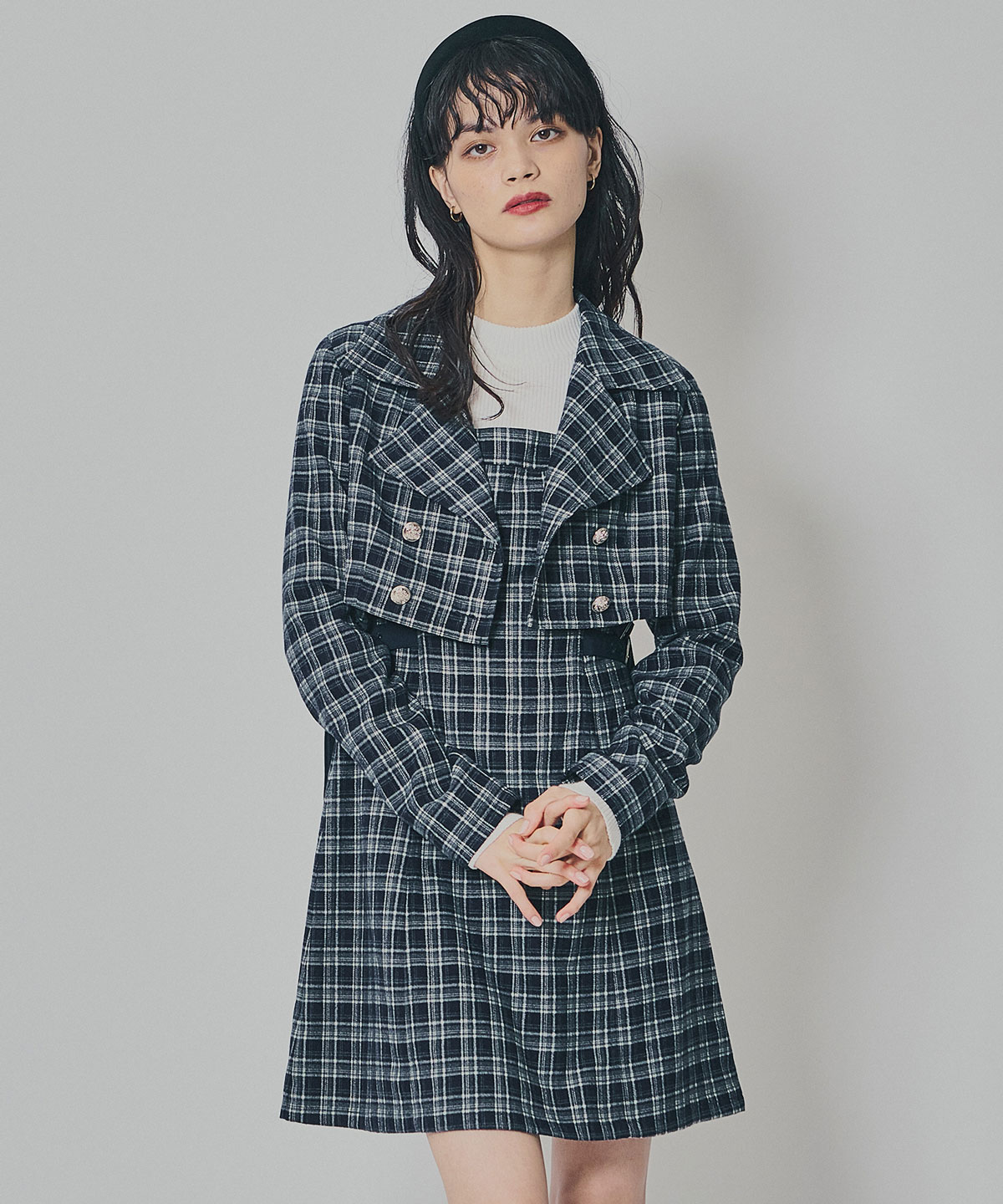 チェックショートジャケット×Wベルトワンピースセットアップ
