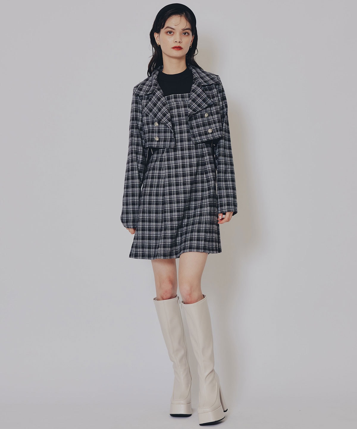 チェックショートジャケット×Wベルトワンピースセットアップ