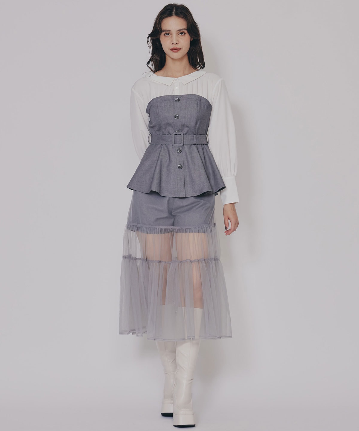 シャツドッキングチュールワンピース&ショートパンツセットアップ